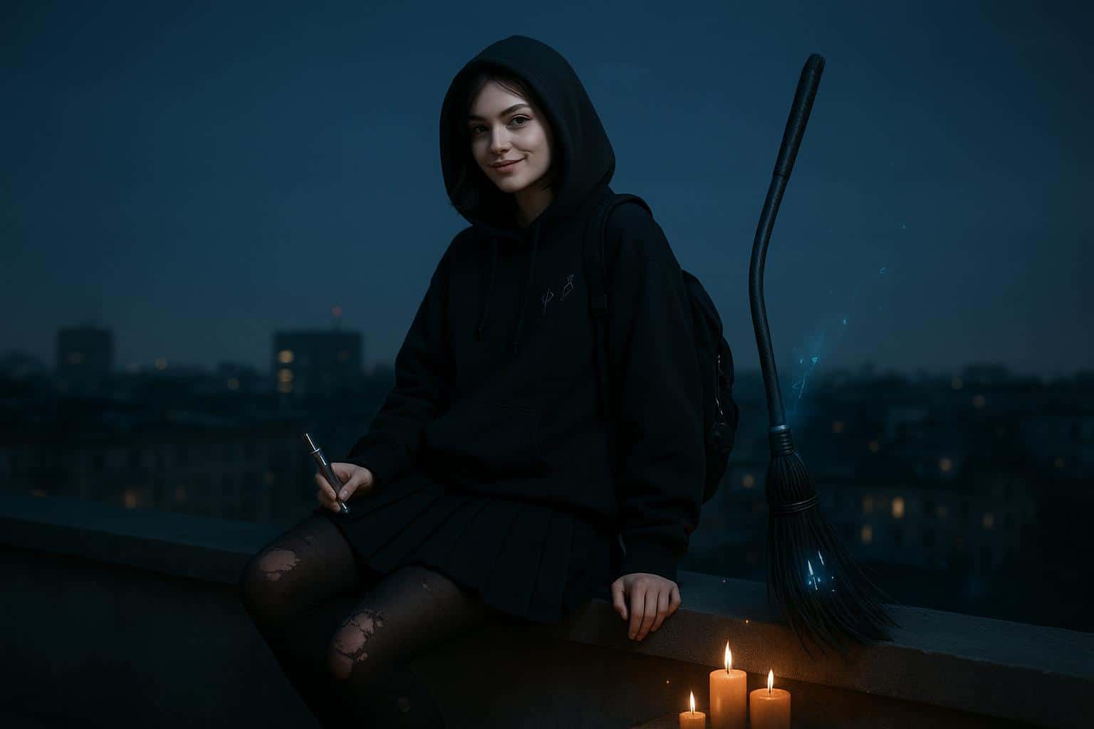 A confident Gen-Z witch leans on a city rooftop parapet at night, oversized hoodie and pleated skirt, hi-tech broom hovering with rune glow and warm candle cluster at her feet.