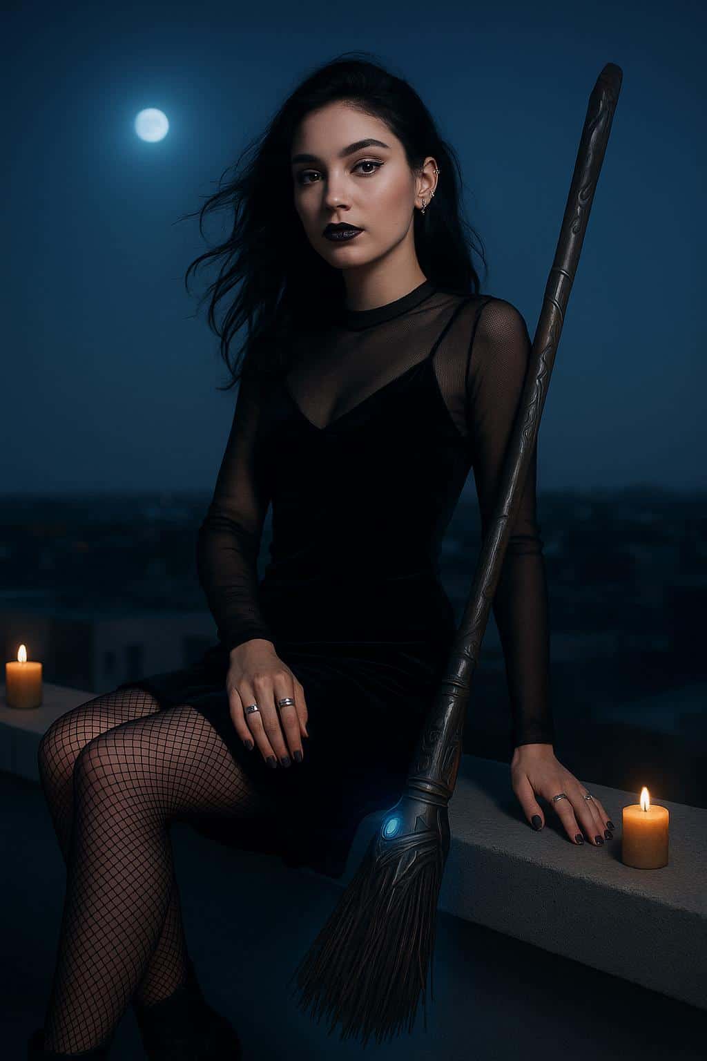 A poised Gen-Z witch in a velvet slip dress and mesh layers leans beside a levitating hi-tech broom on a rooftop ledge, cool cinematic mood and spare negative space for copy.