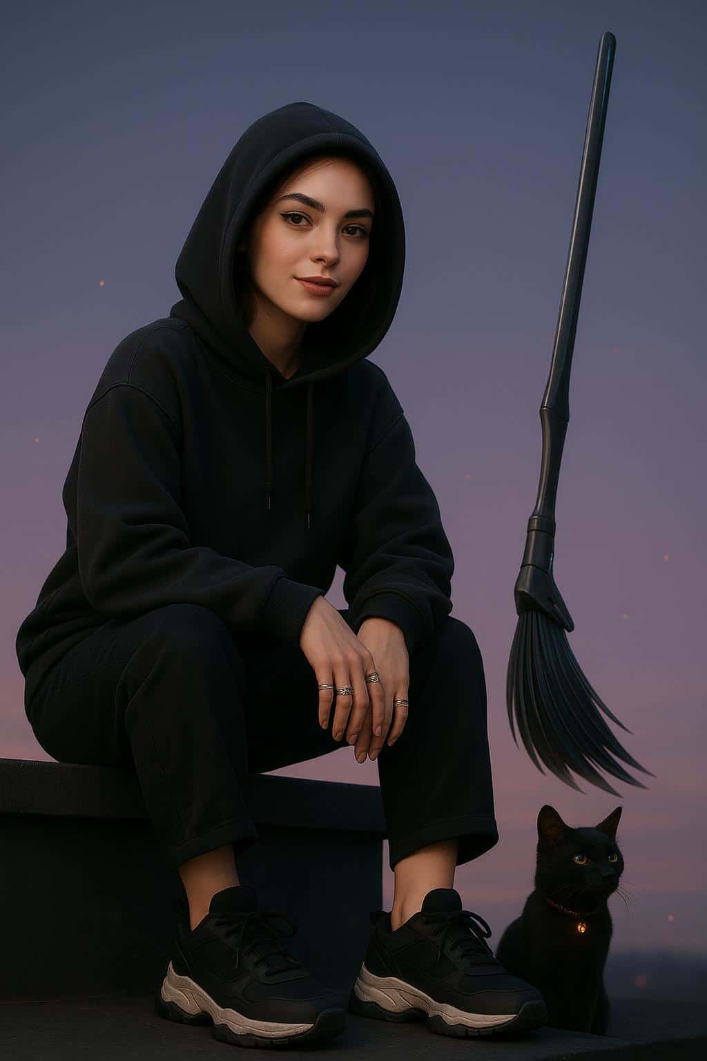 Vertical ad-style portrait of a Gen-Z witch on a minimal rooftop parapet with a sleek black cat, hi-tech broom, subtle glyph motes, and warm inviting expression.
