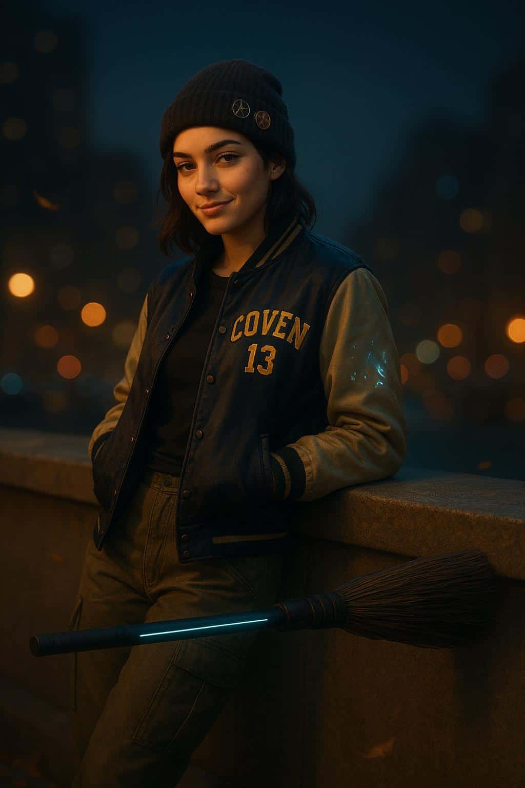 A confident Gen-Z witch leans on a city parapet at night with a hi-tech broom floating beside her, warm, crisp mood and ad-friendly negative space for a 2:3 crop.
