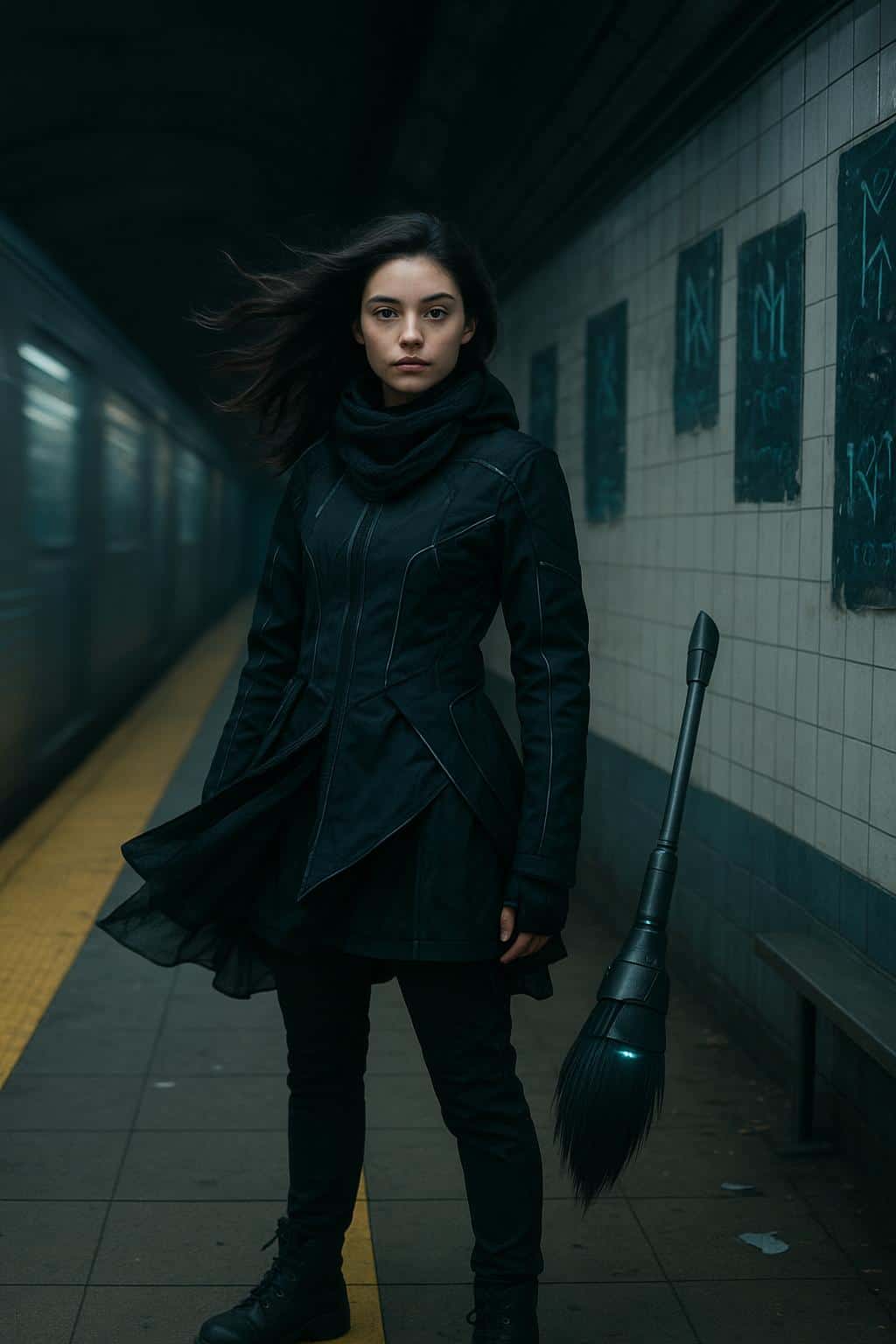 A confident Gen-Z witch stands on a 2:3 subway platform, train wind lifting her hair and a hovering hi-tech broom tracking the yellow safety line in a cool, contemporary grade.