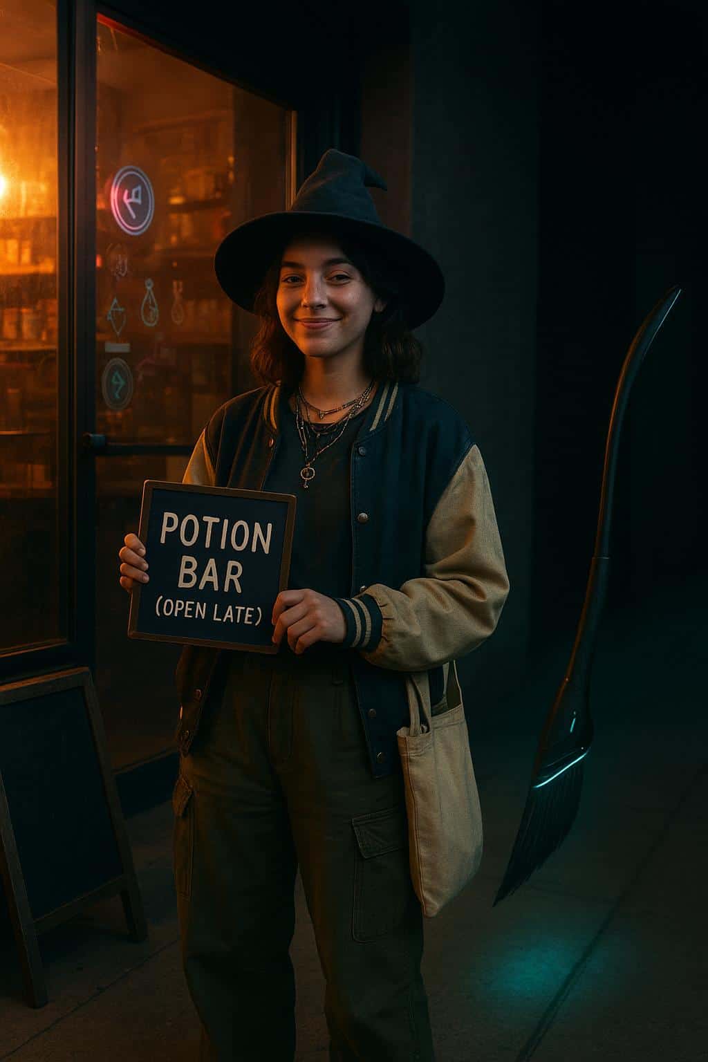 A Gen-Z witch grins while lifting a small sign outside a rebranded corner bodega called "Potion Bar (Open Late)" with neon reflections and warm window glow.