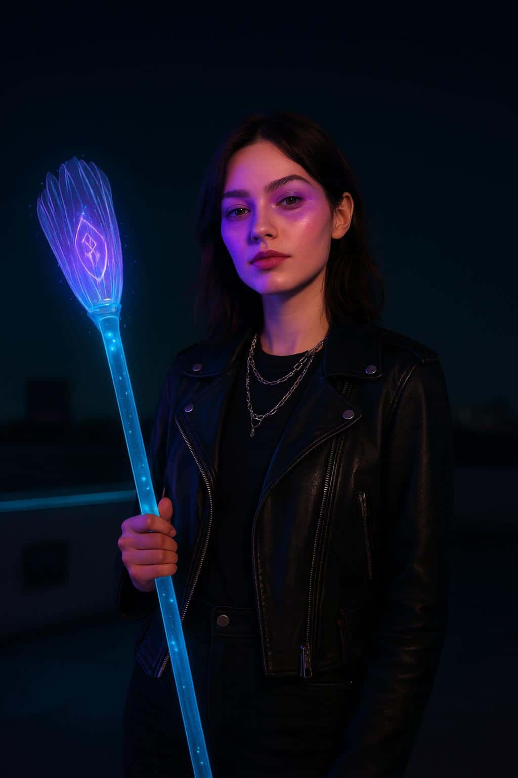 Portrait of a Gen-Z witch on a minimal rooftop at night, direct gaze and slight head tilt, UV-reactive runes and translucent hi-tech broom core glowing violet and cyan accents.