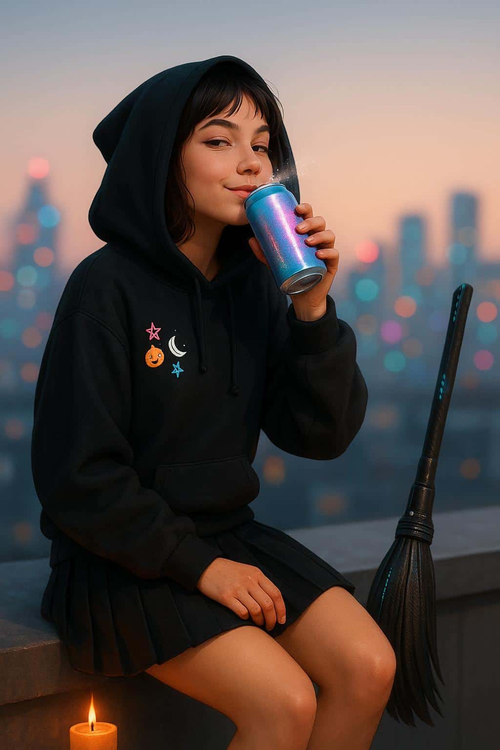 Gen-Z witch on a rooftop parapet pops a shimmering potion soda can mid-sip, playful smirk, hover broom idling, neon skyline bokeh and cozy candle wash present.