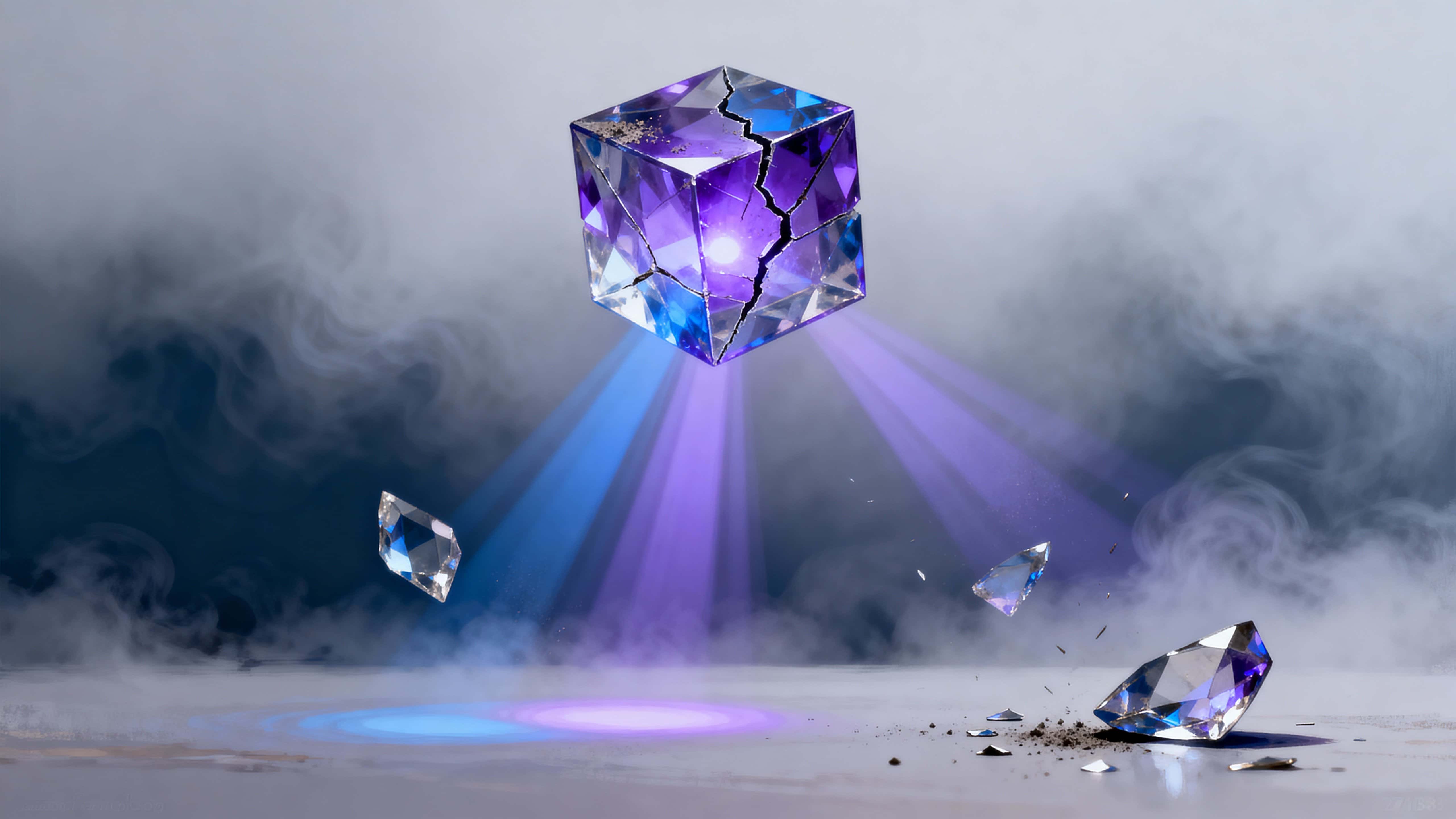 A broken geometric crystal cube floats centered in a 16:9 frame, casting vivid purple and blue beams into a neutral misted void and scattering glass shards that catch cool highlights.