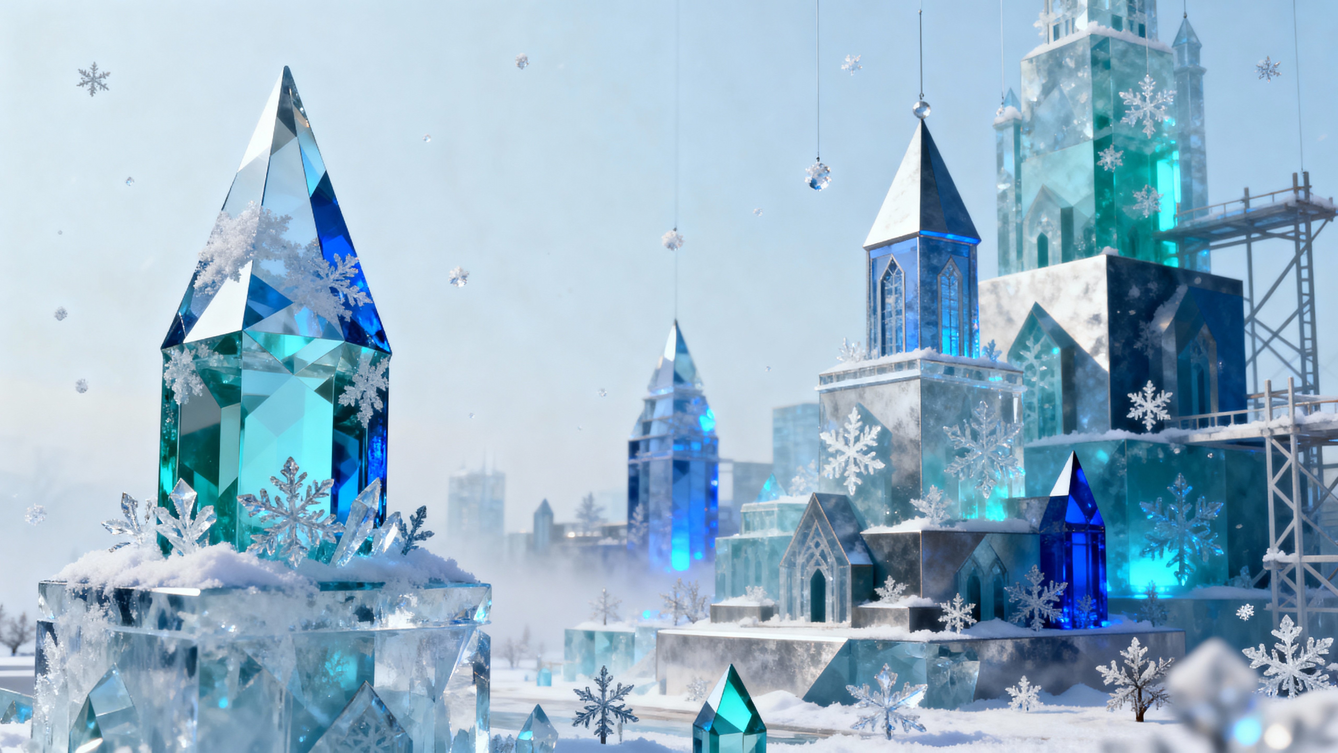 An elegant study of snowflakes reimagined as intricate, geometric fractal architecture with crisp icy detail, luminous cool tones, and a spacious 16:9 compositional crop for cinematic presentation.