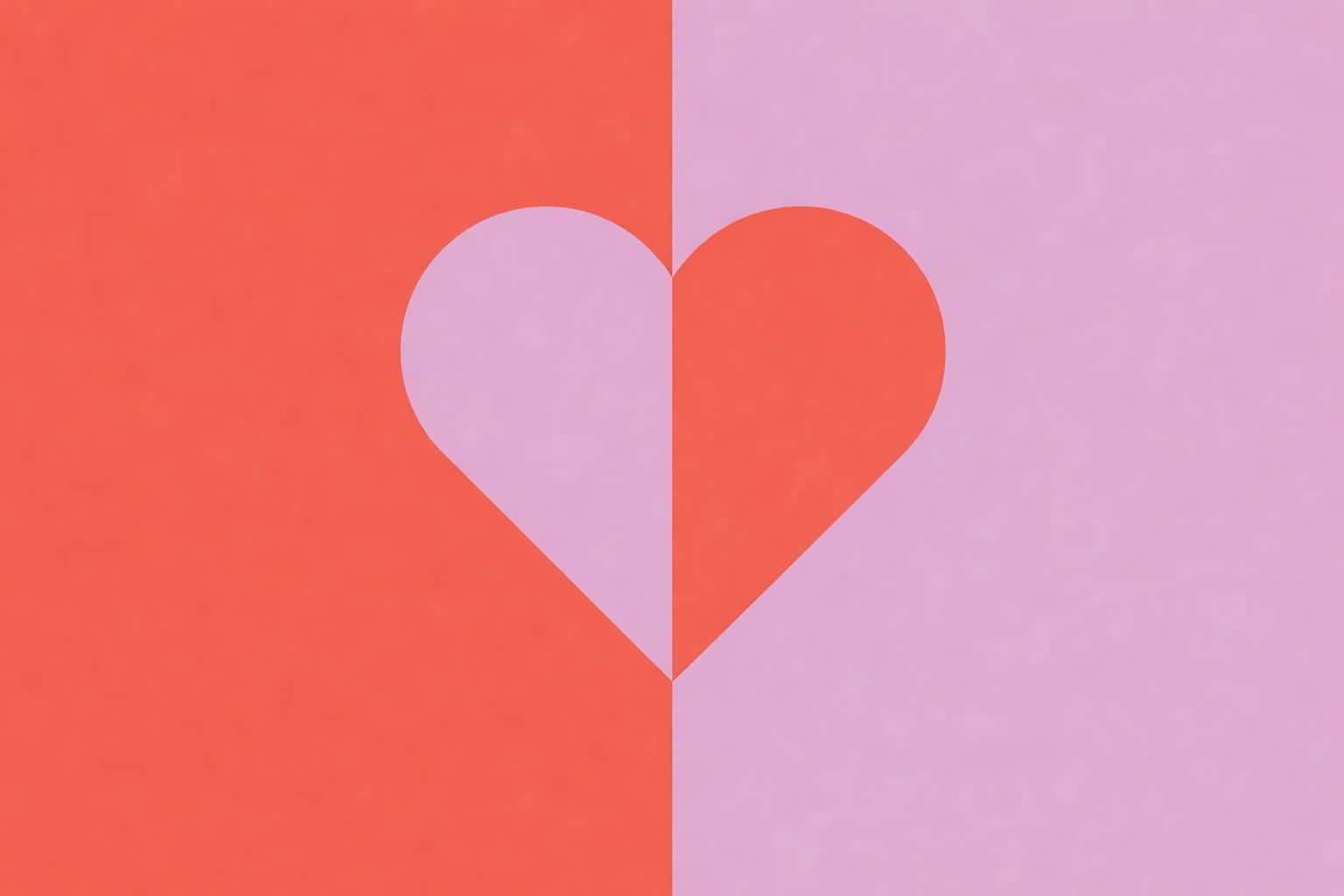 Bold 3:2 horizontal Bauhaus-inspired poster with split coral and lilac color fields bridged by a sharp-edged inverse-color heart, matte vector finish and grid layout for typography.