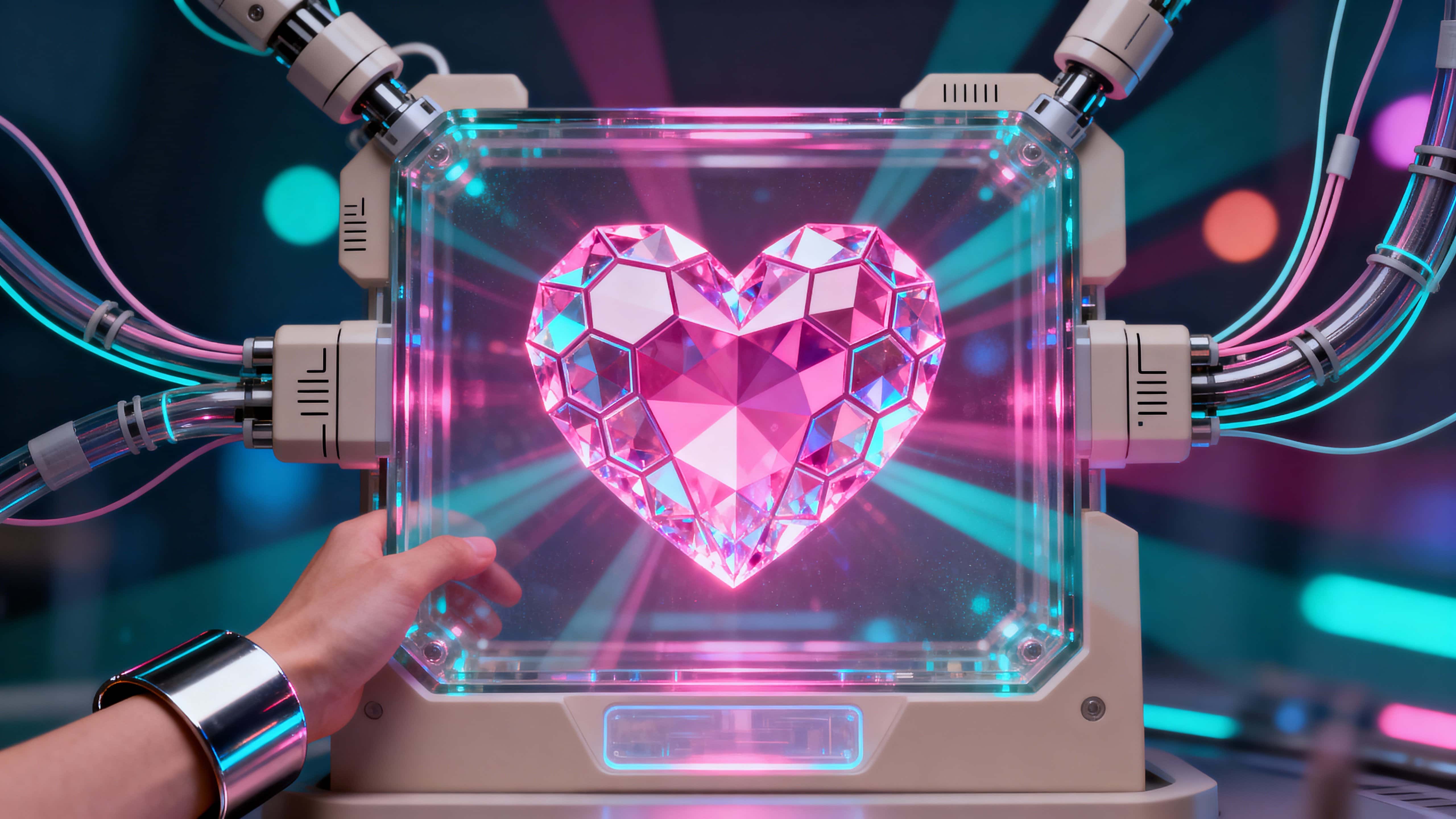 An eye-level 16:9 digital illustration of a glowing geometric heart of interlocking hexagonal facets emitting magenta and cyan light with mechanical veins and matte supports.