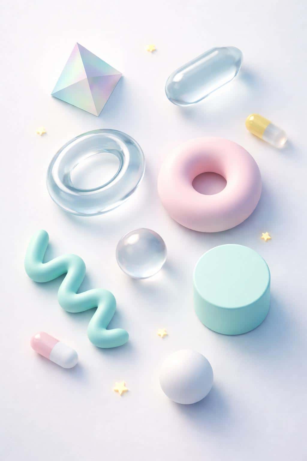 Top-down 3D-render of assorted geometric shapes arranged within a 2:3 frame, replicating composition and crop while allowing creative color shifts and soft accents.