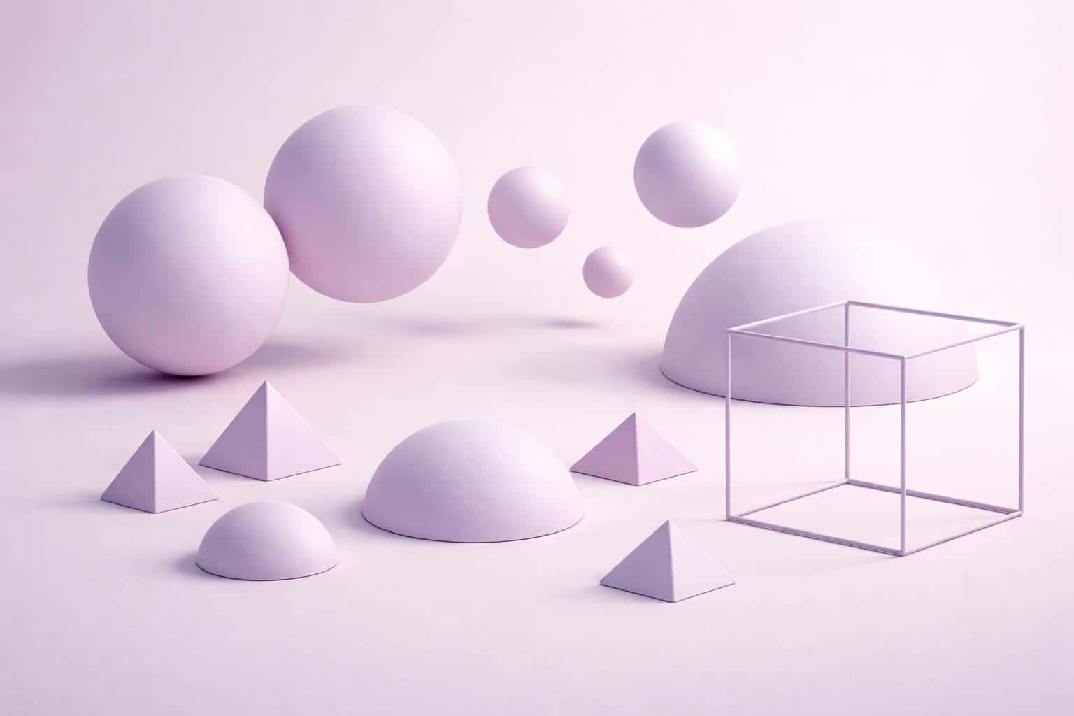 Close-framed 3:2 3D scene of soft pastel geometric shapes rendered as a studio product-style composition for a wallpaper or poster cover with calm, minimal mood.
