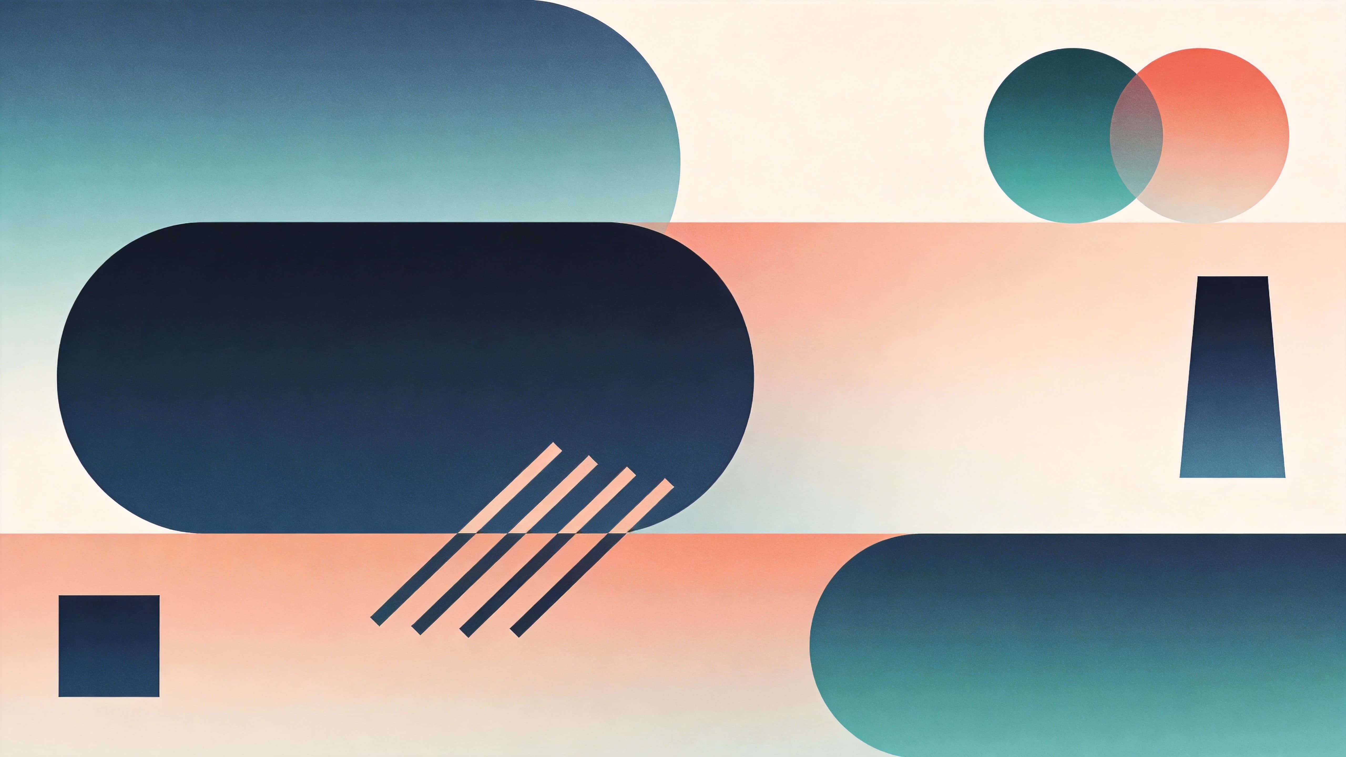 Geometric composition of layered abstract shapes rendered as clean vector illustration with soft gradients, subtle shadows, and measured negative space for 16:9 wallpaper.