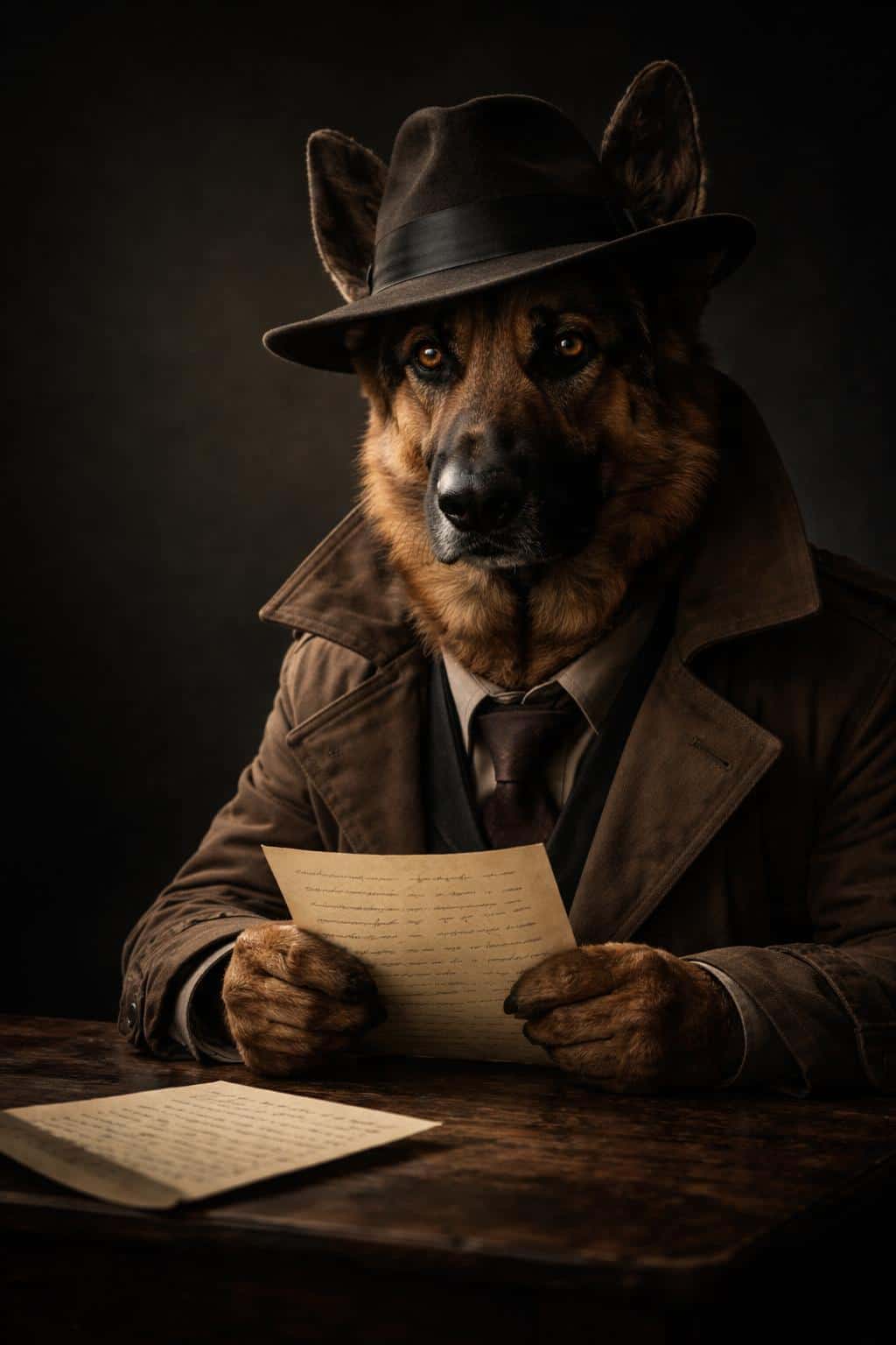 A low-key portrait photograph of a German shepherd in a fedora and trench coat holding a handwritten letter, composed for a 2:3 poster-cover with cinematic noir lighting and mood.