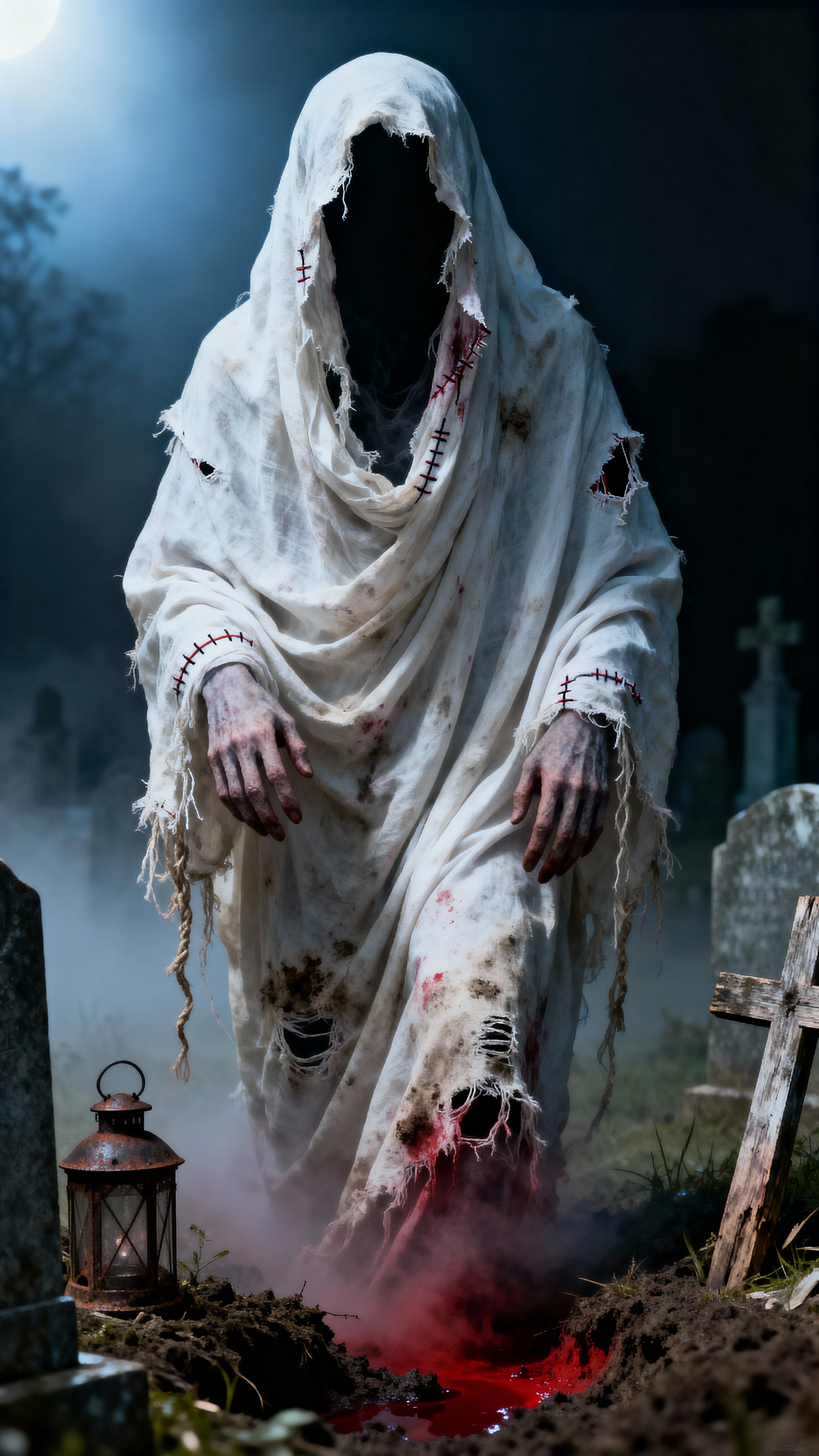 Close-up cinematic horror of an eerie ghost wrapped in dirty torn white shrouds with empty dark eyes, soil-stained cloth, foggy graveyard and subtle red mist for a terrifying poster mood.
