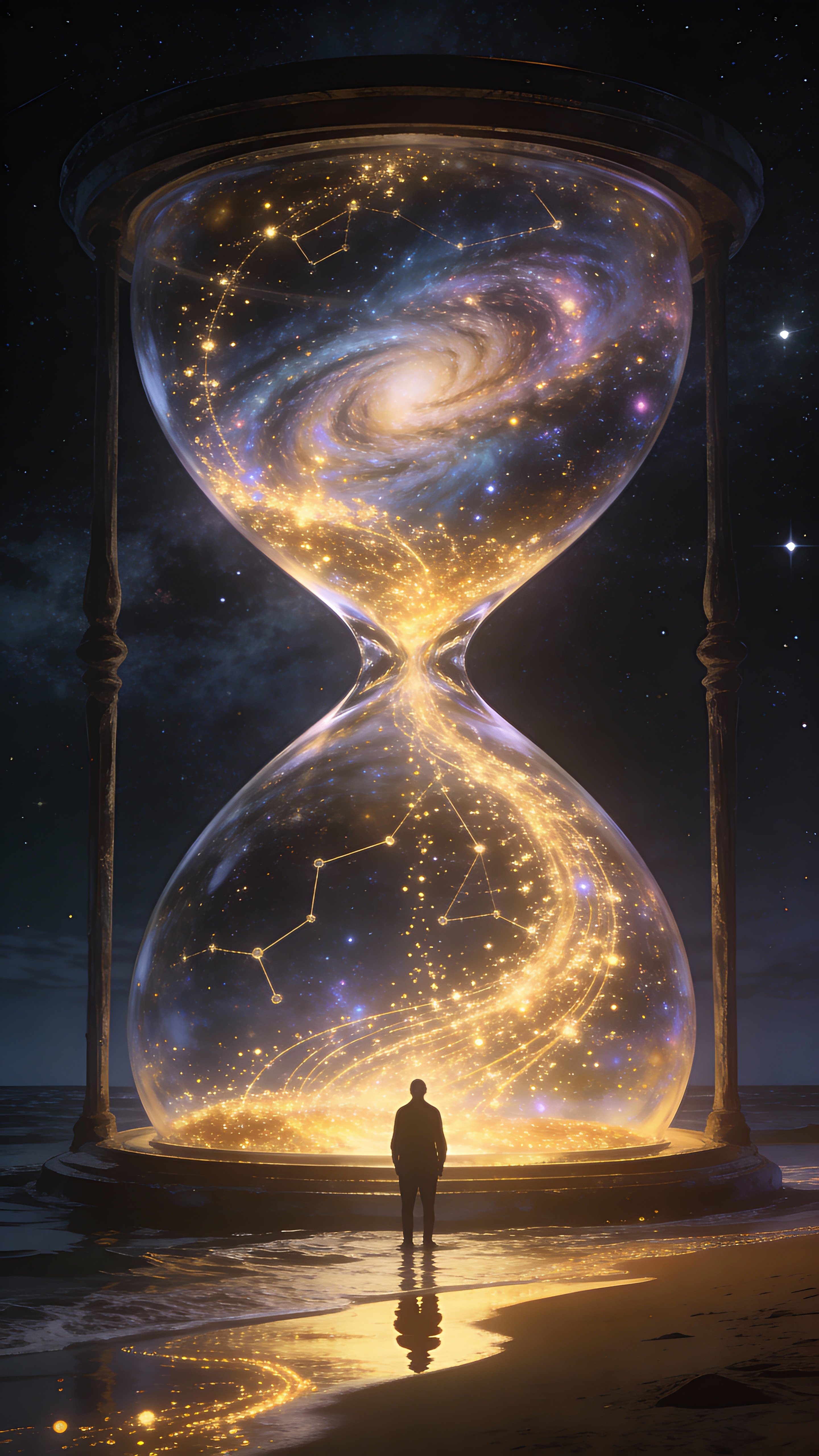 Vertical surreal scene of a colossal hourglass of cosmic stardust on a shoreline with golden constellations spilling downward and a lone human watching, cinematic mood.