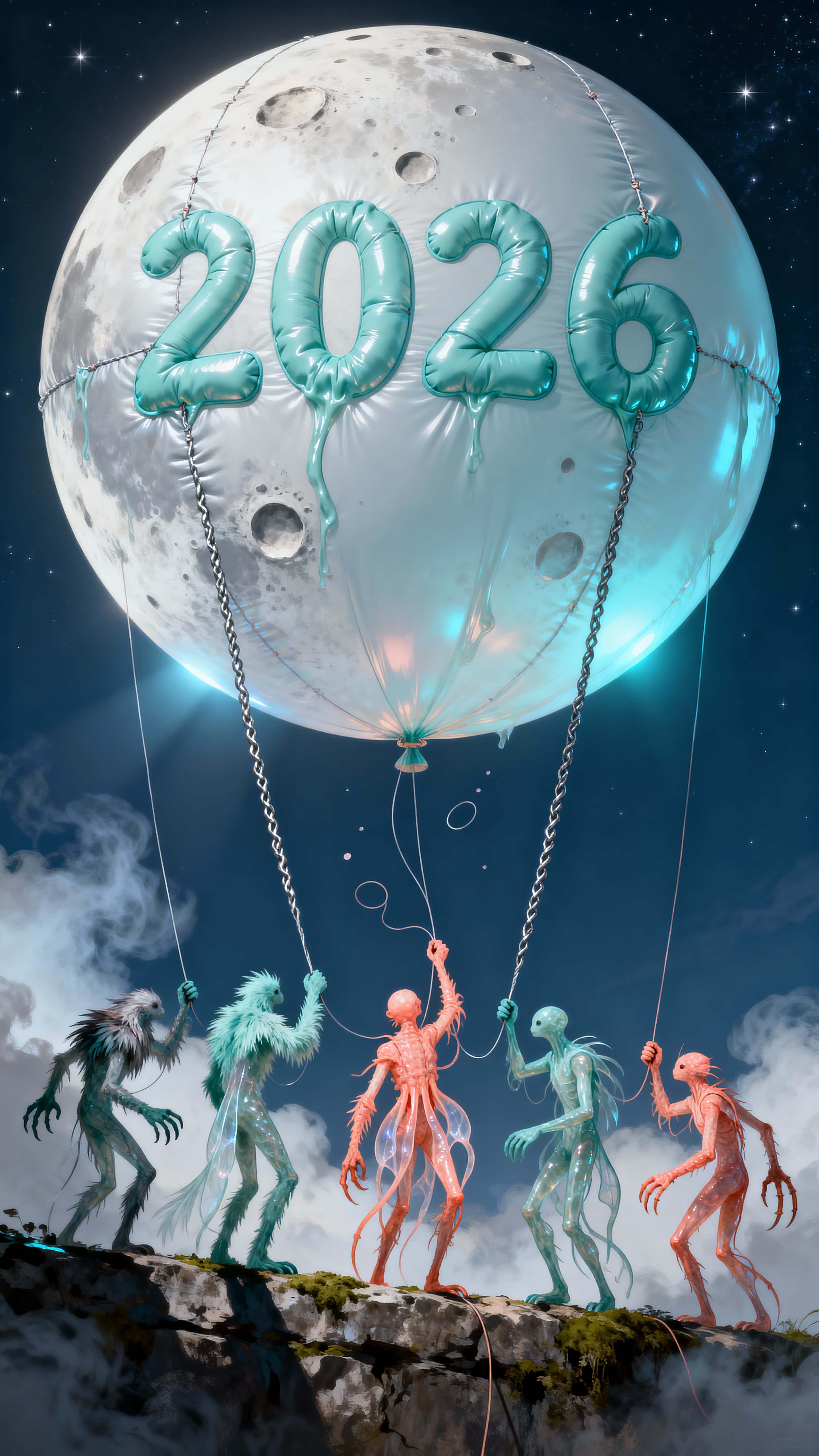 A vertical digital painting of a giant moon inflating like a glossy balloon, held by surreal creatures below, its craters reshaping into the digits 2026.