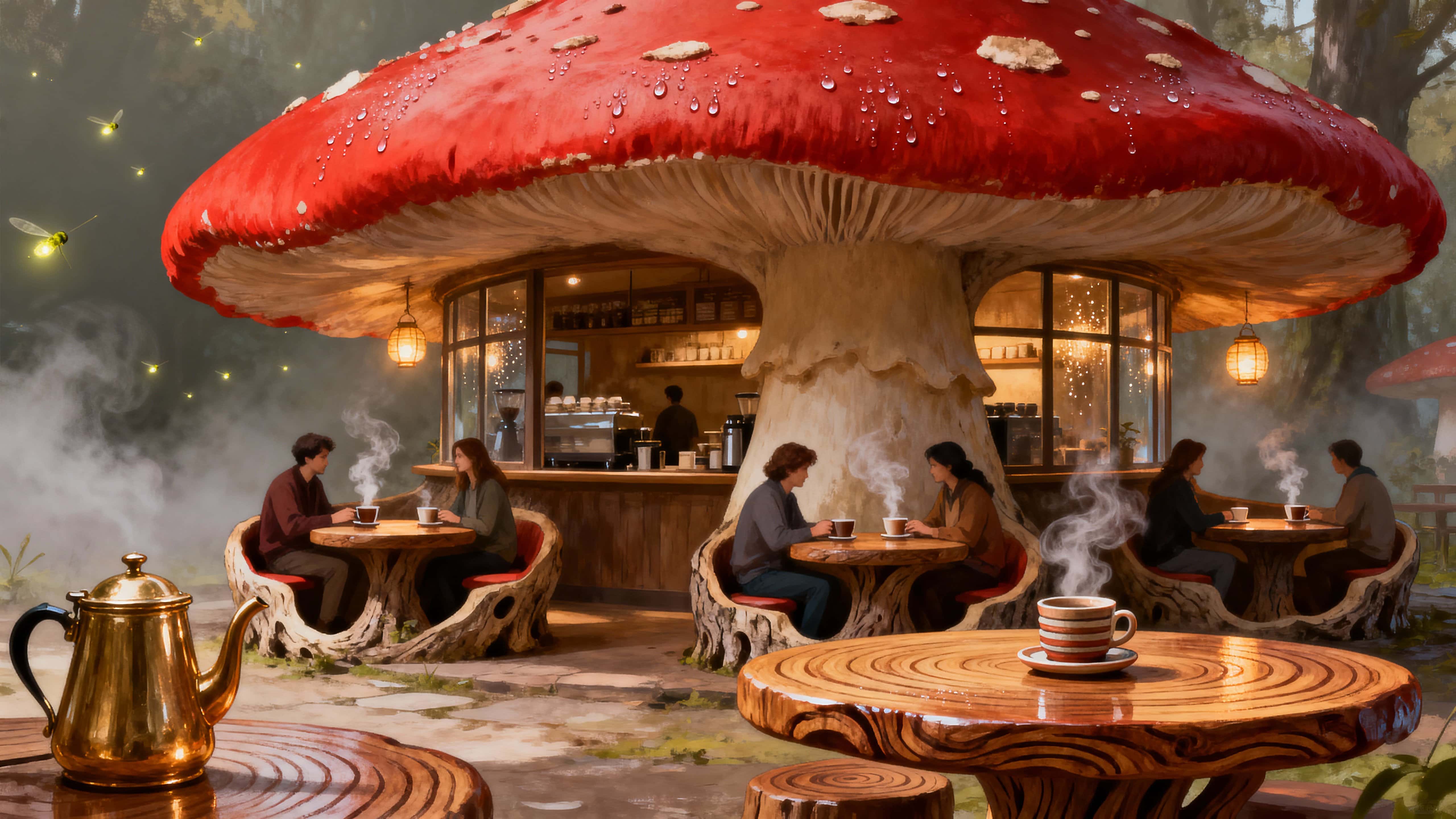 A cozy warm coffee shop sits beneath a giant red mushroom roof with little tables carved into the mushroom stem and fireflies glowing as lanterns, framed in a 16:9 scene.