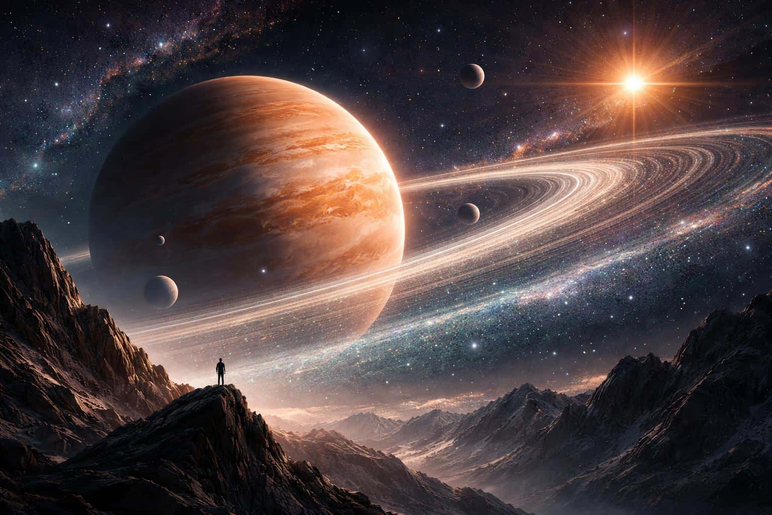 This epic sci-fi digital art features a lone explorer gazing at a massive gas giant with glowing rings over a jagged mountain range in a vast cosmic vista.