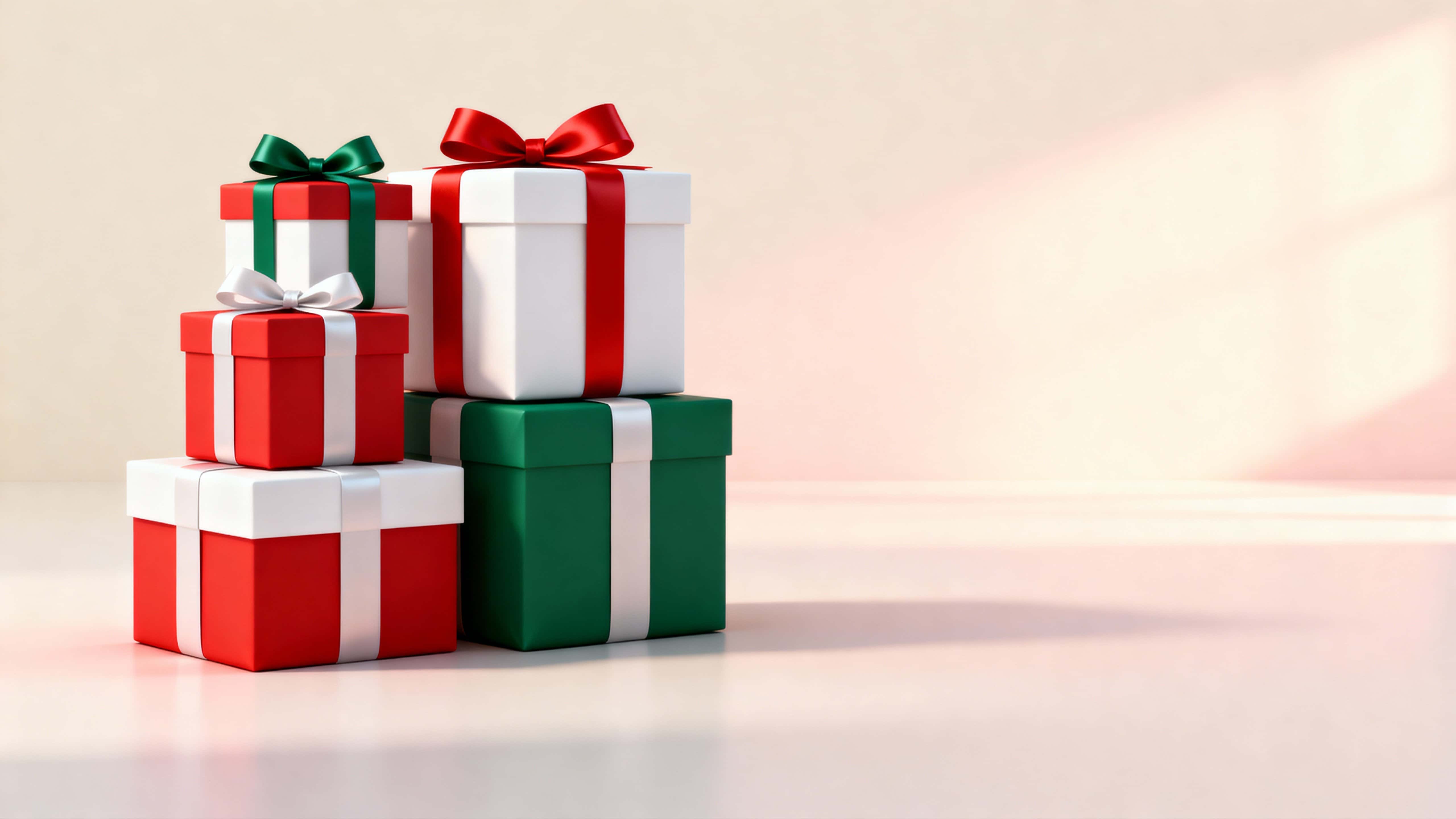 A stack of three gift boxes wrapped in red, white, and forest green paper with satin ribbons sits left against a smooth cream-to-blush gradient, soft shadows on the floor.