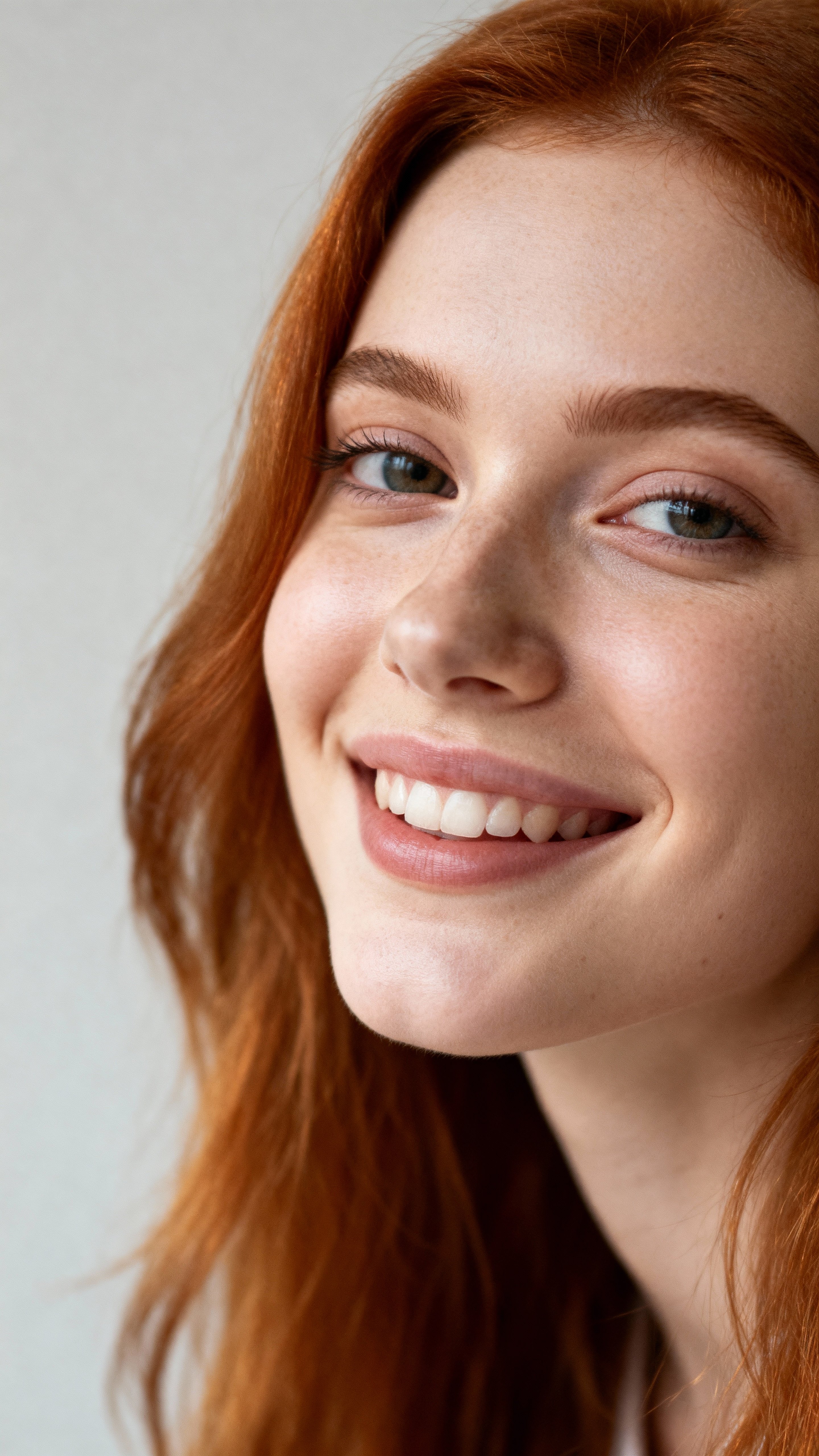 Close-up headshot photograph of a beautiful young woman with ginger hair, smiling directly at the camera. Emphasize natural, flattering lighting, soft skin tones, gentle catchlights in the eyes, and a shallow depth of field to keep the face