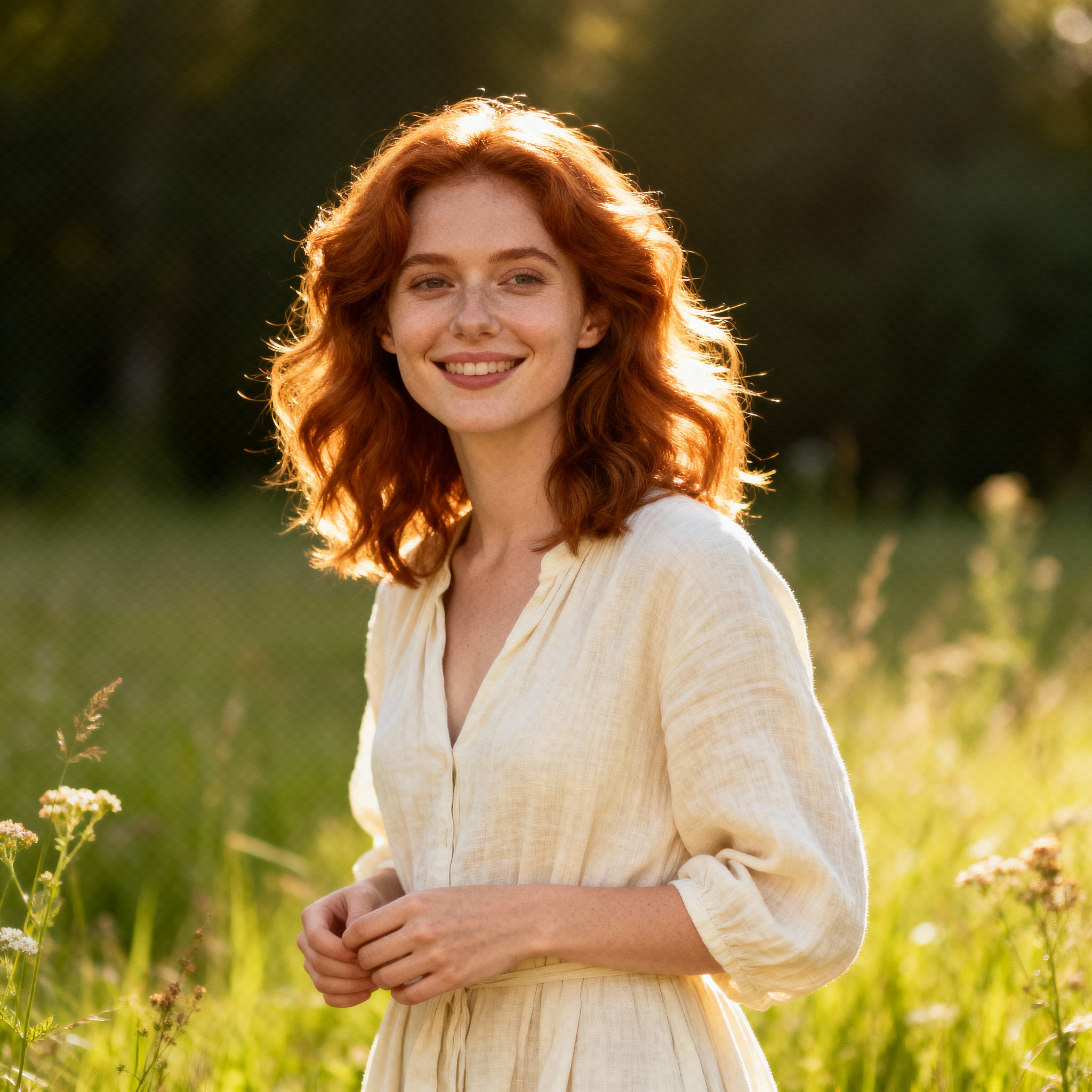 A ginger-haired woman stands in a sunlit coastal meadow, hair like #D95C30 against warm cream skin #F6E7B4, with turquoise sea #4C9ABF, green grass #7BB66B and sand beige #E1C6A6.