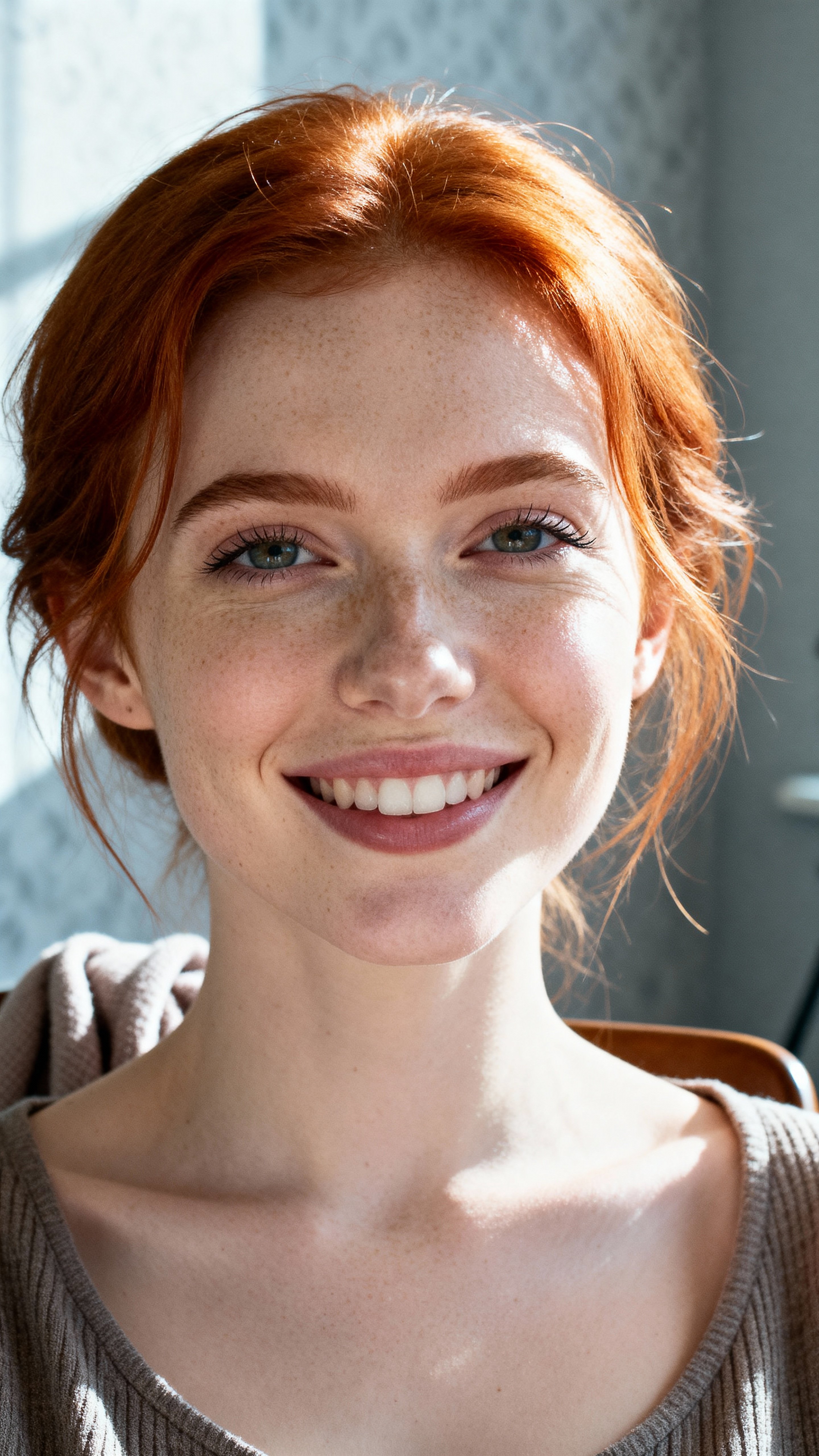 Ginger-haired woman smiling directly at the camera in a close-up portrait photograph with warm tones, natural expression, and preserved skin texture and detail.