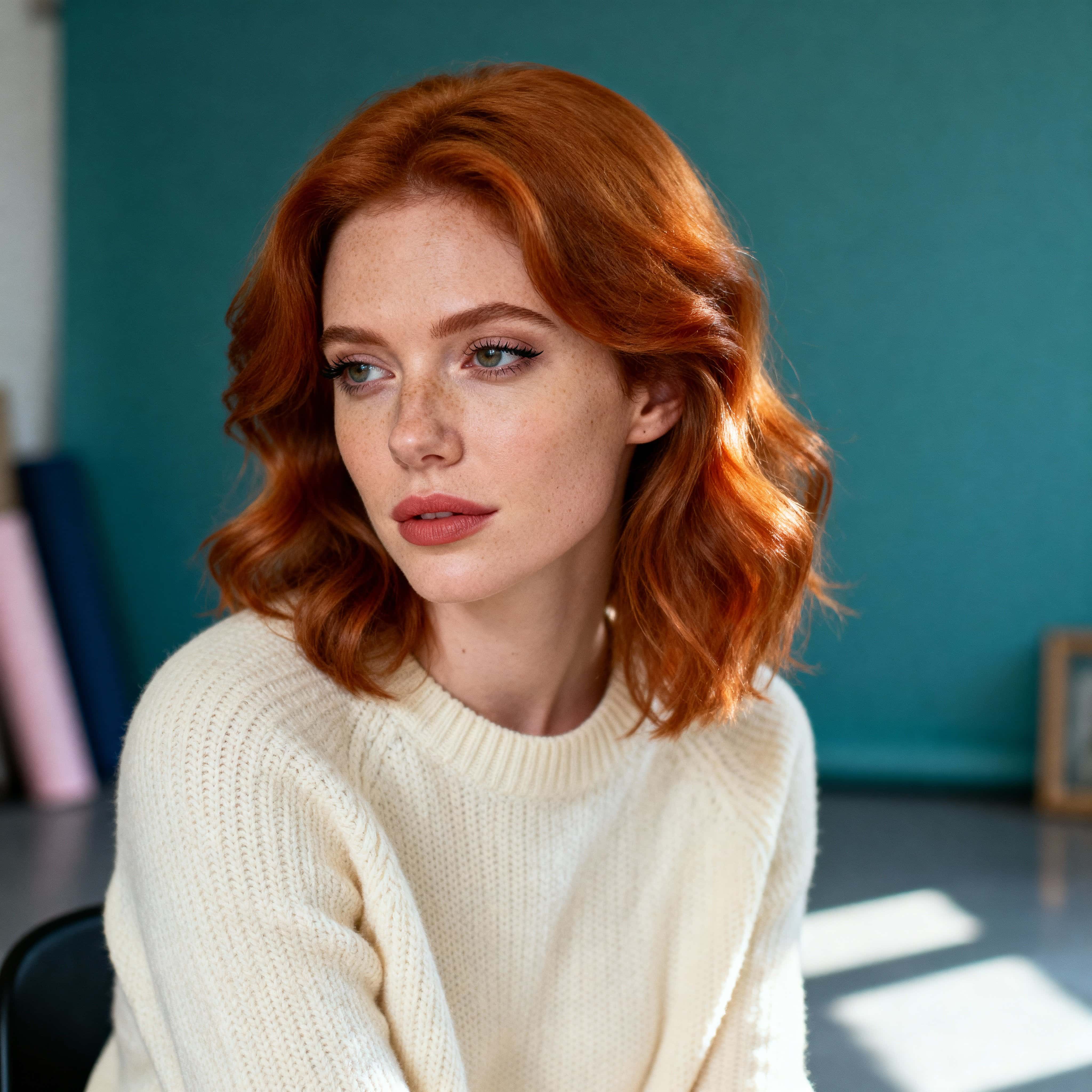 Close-cropped square portrait of a ginger-haired woman looking slightly off-camera with a calm, confident expression, warm skin tones and a muted teal backdrop for subtle contrast.