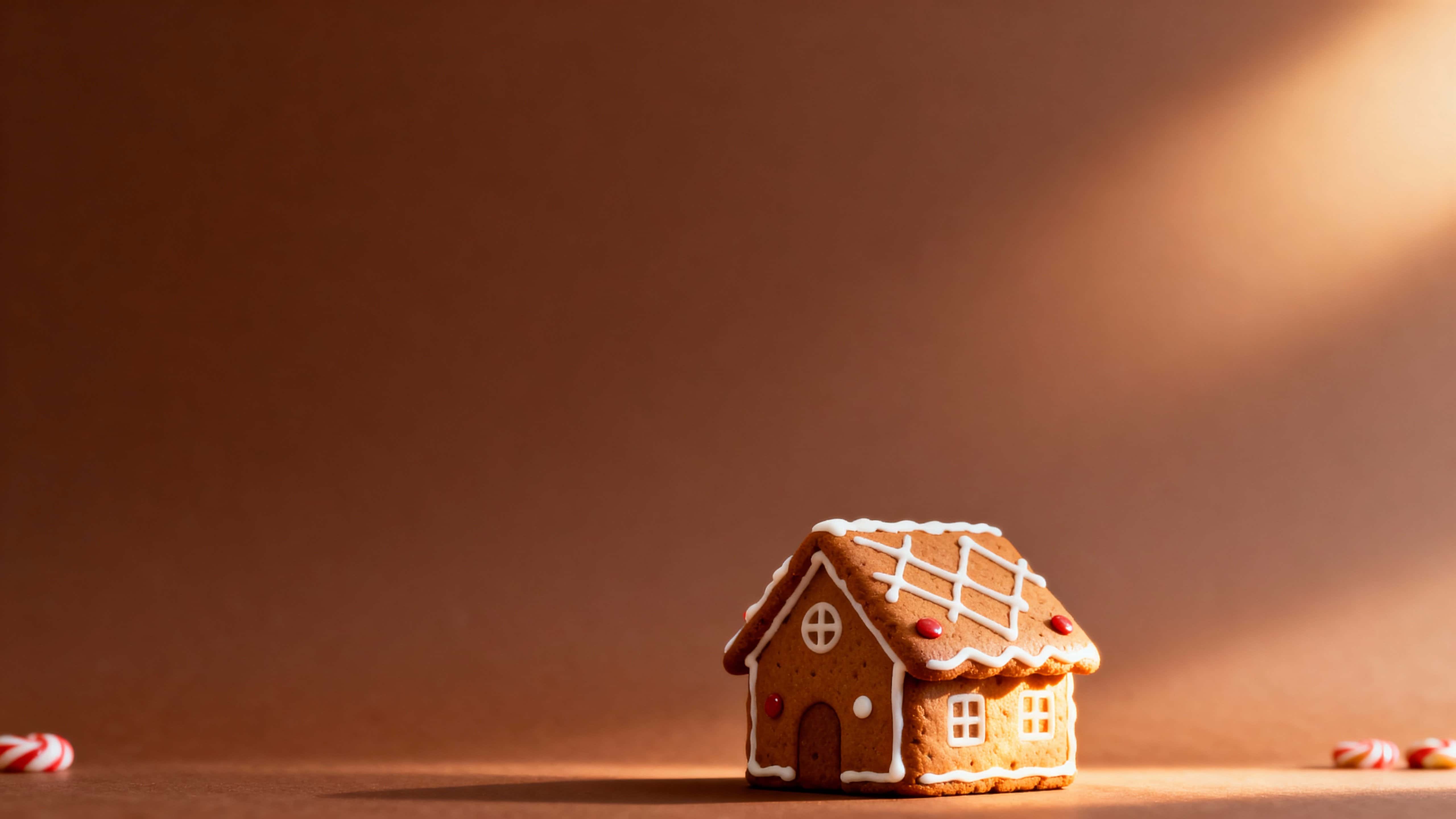 A cozy 16:9 Christmas card scene with a small gingerbread house centered near the bottom against a deep cinnamon brown vignette, warm upper-right light, a broad gradient sky for copy space, and subtle blurred candy accents in the lowercorn;