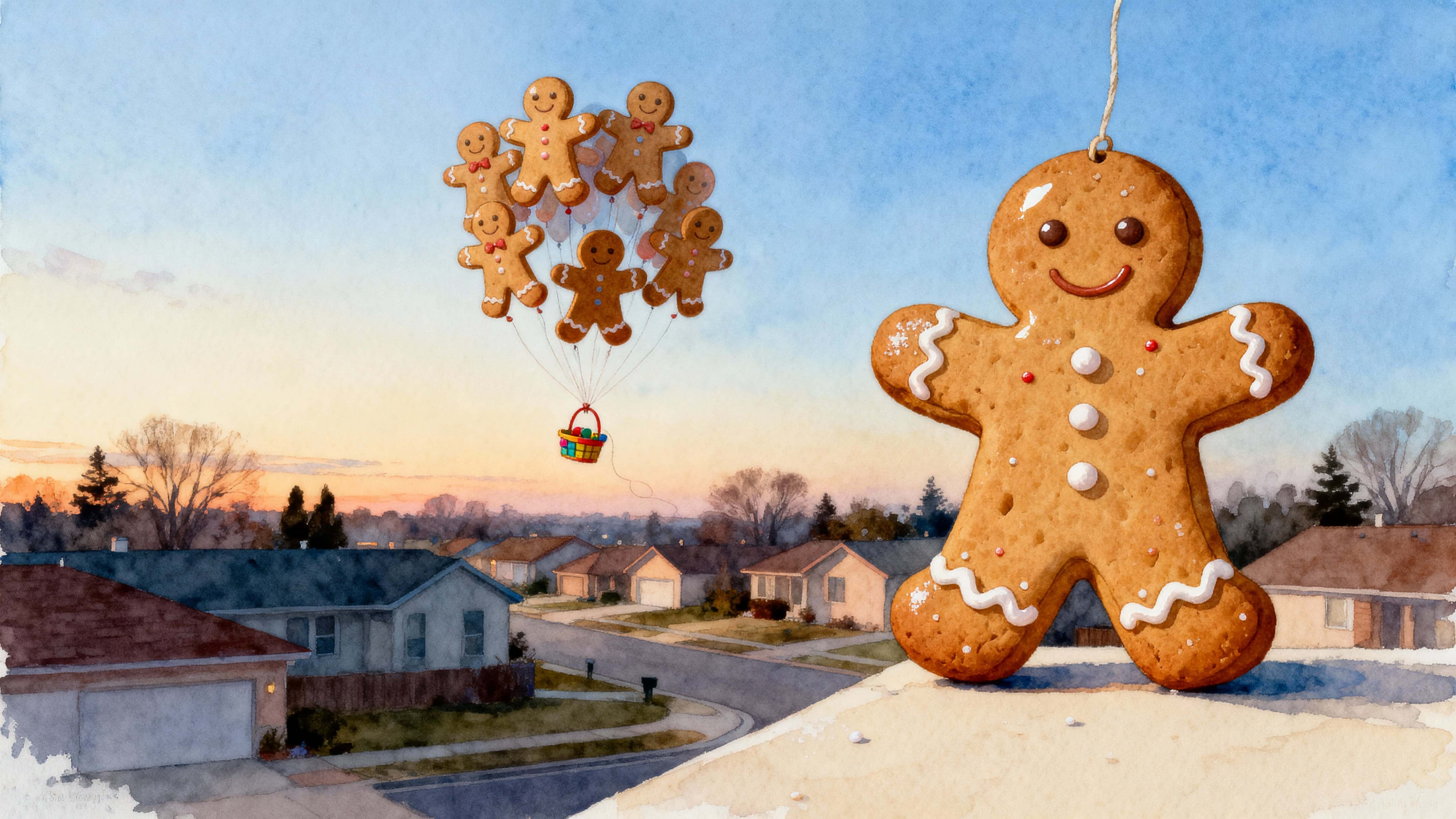 Tiny gingerbread men drift above a sleepy town like buoyant balloons, warm and whimsical in soft evening light with intact details and playful scale contrasts.