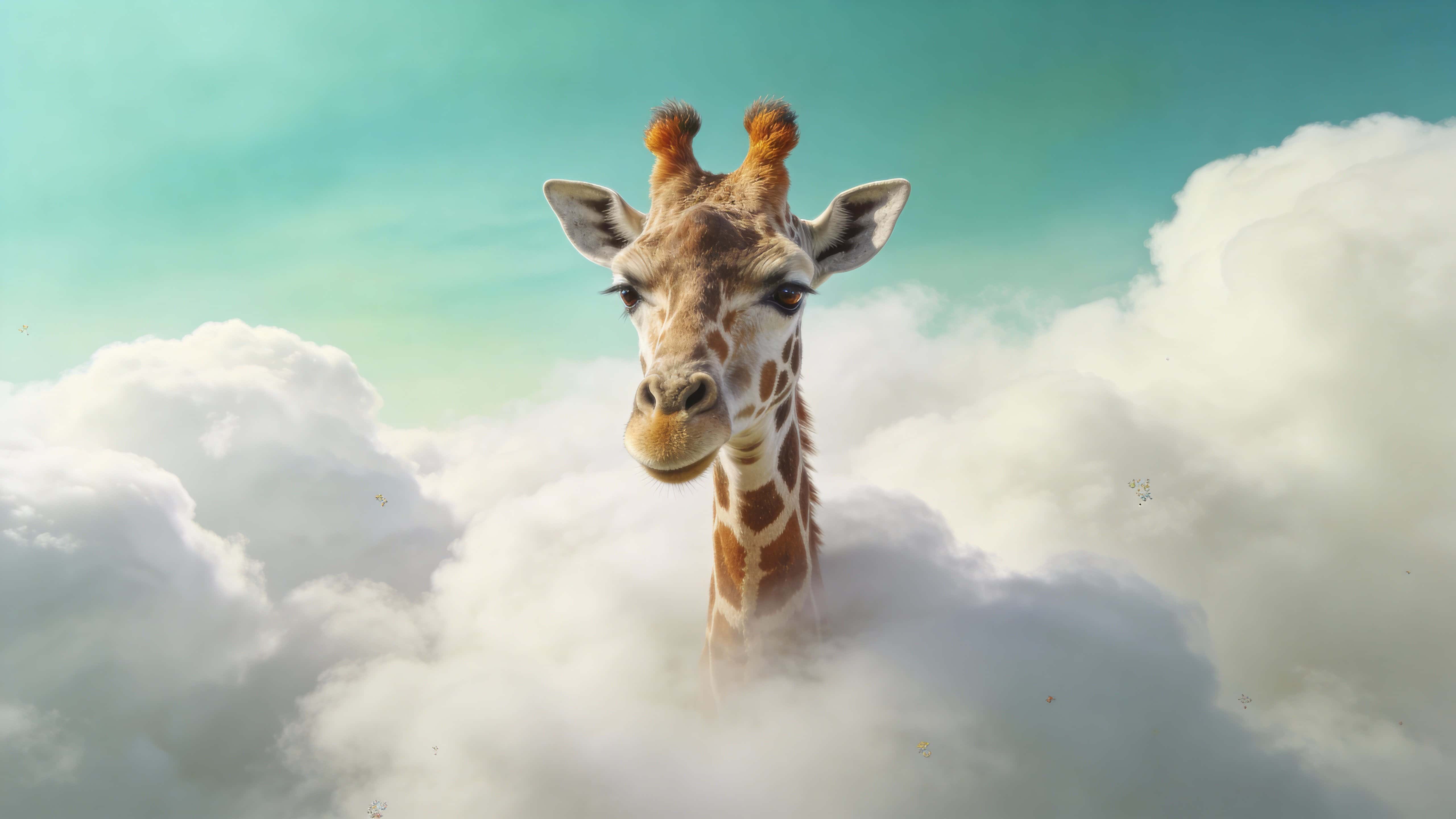 Centered giraffe head emerging from thick white clouds into a pale teal sky, calm expression, soft diffused light, shallow focus and warm amber highlights.