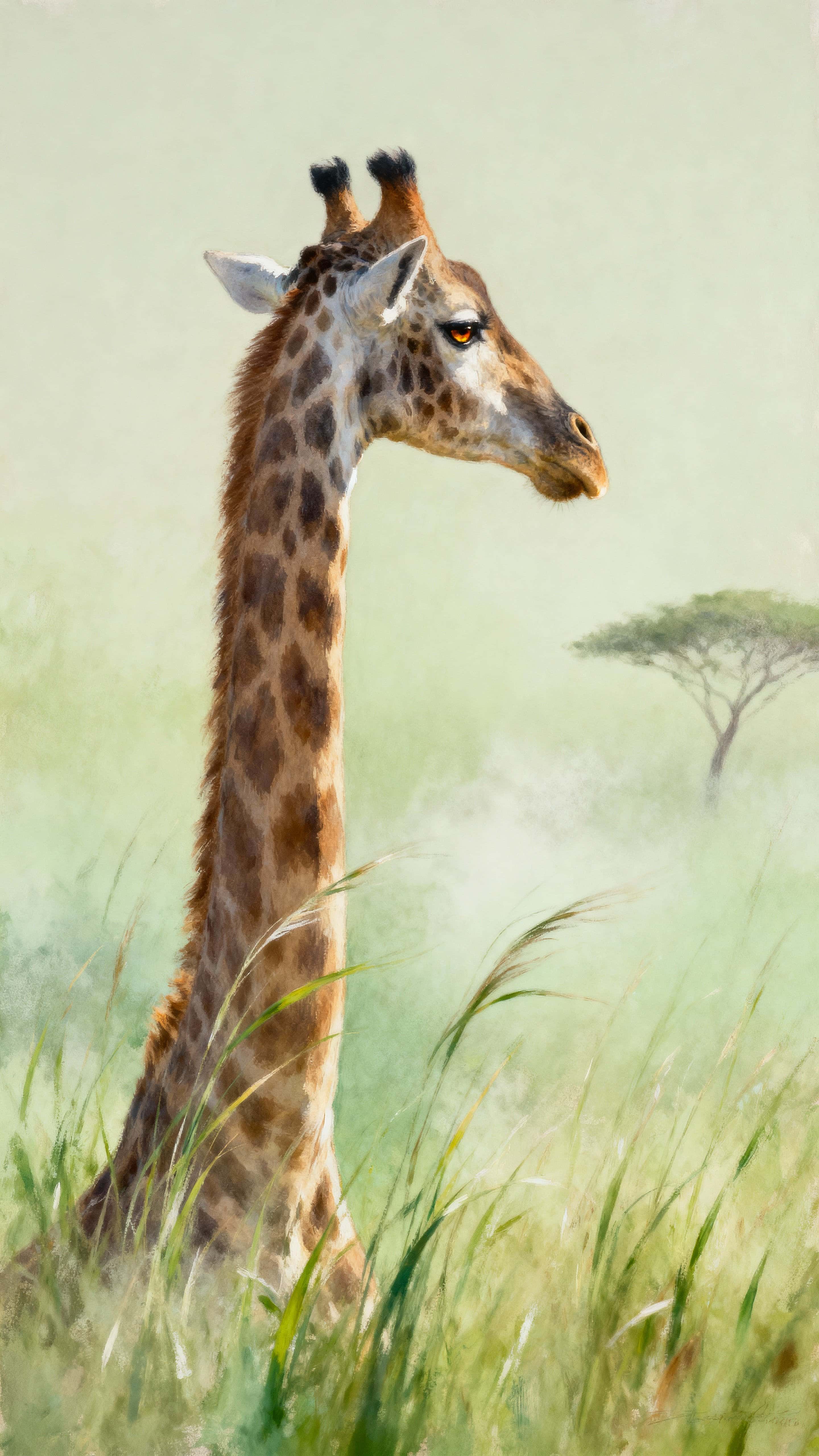 A giraffe's long neck and head rise through tall savanna grass into a pale green haze, with soft ambient light and minimal composition crafted for a calming vertical wallpaper.