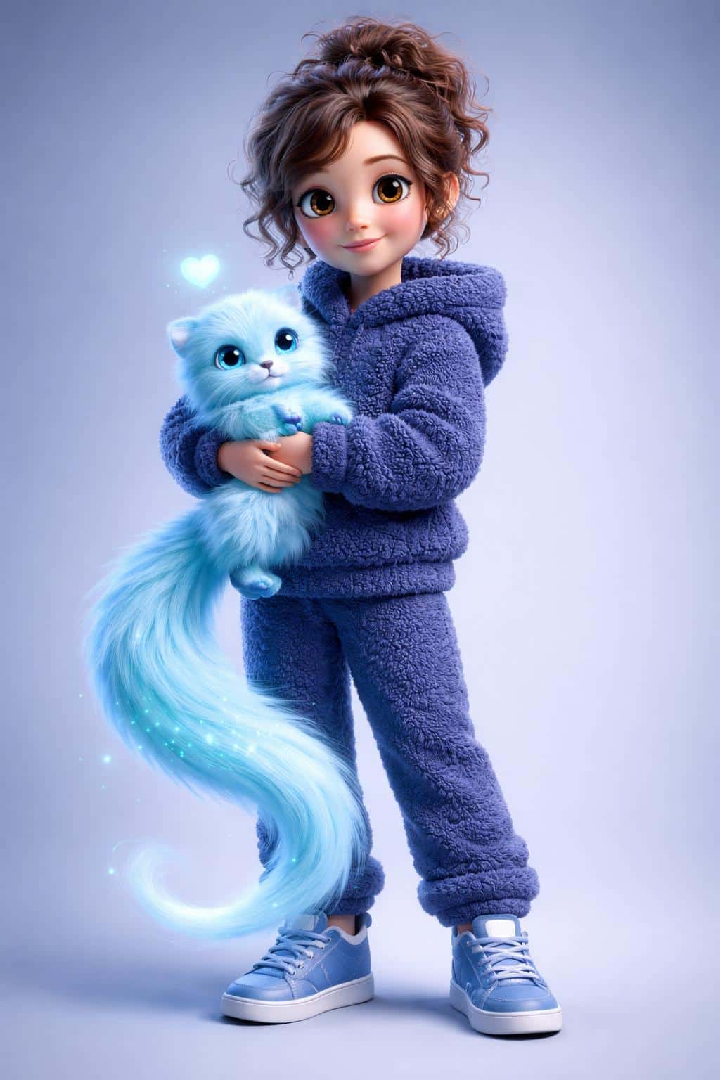 This high-fidelity 3D character render features a young girl with wavy hair holding a fuzzy blue creature with a magical glowing tail against a blue backdrop.