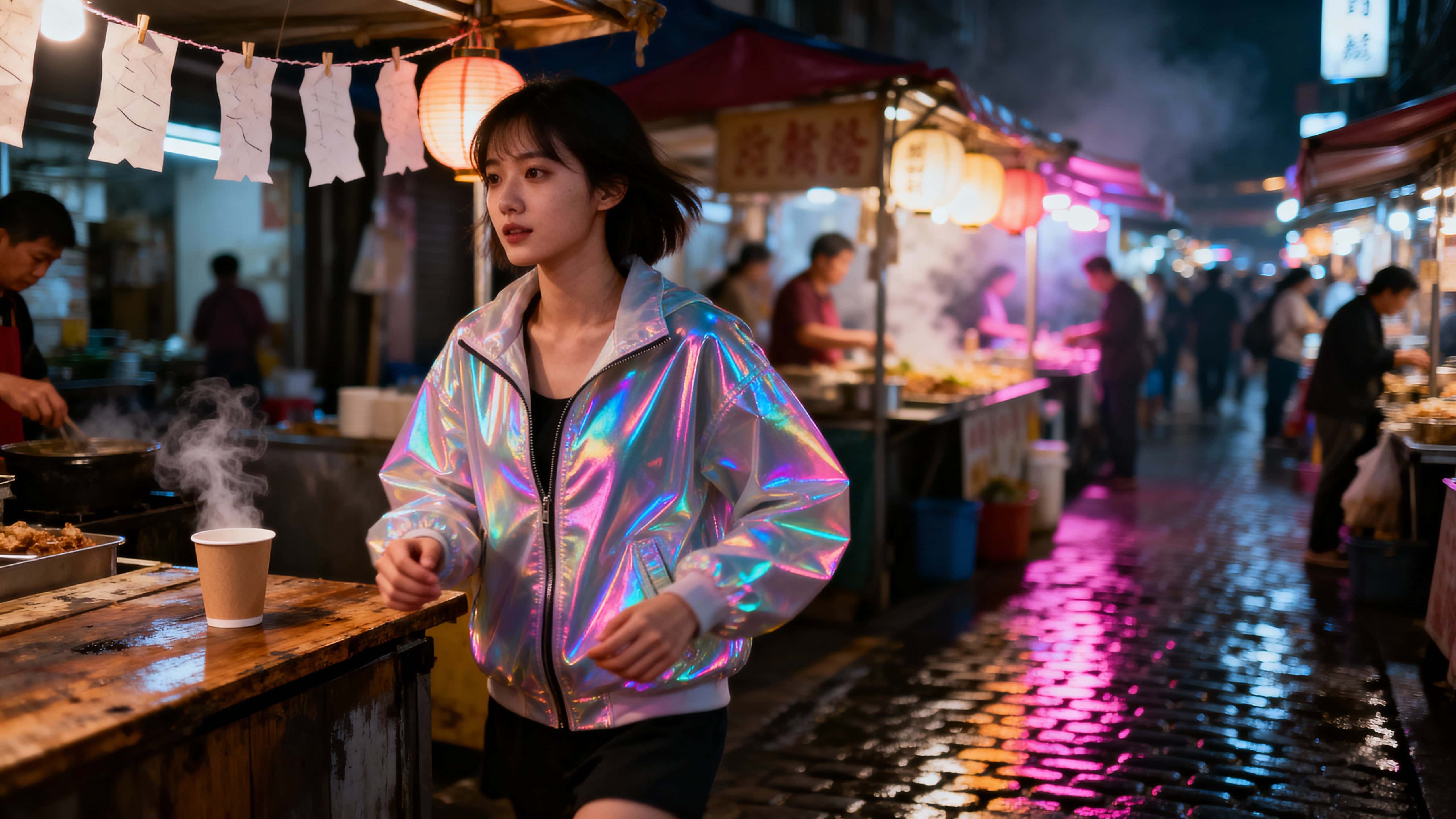A young woman in a holographic jacket walks a crowded night market at dusk, framed in a cinematic 16:9 crop to emphasize neon reflections and urban intimacy.