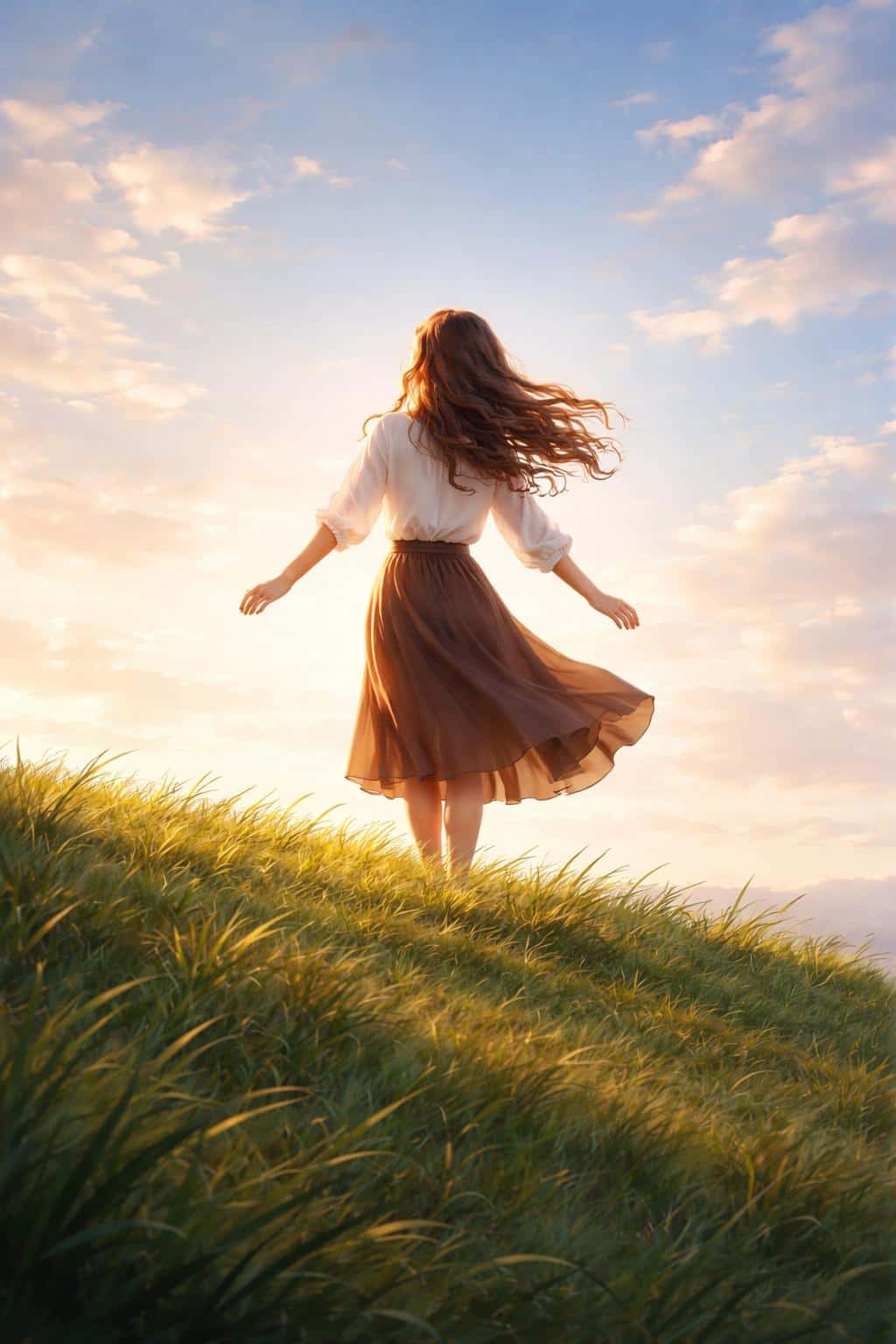 Single young woman backlit on a grassy hill in a vertical digital painting, composed for a 2:3 aspect ratio with expansive sky and warm rim light.
