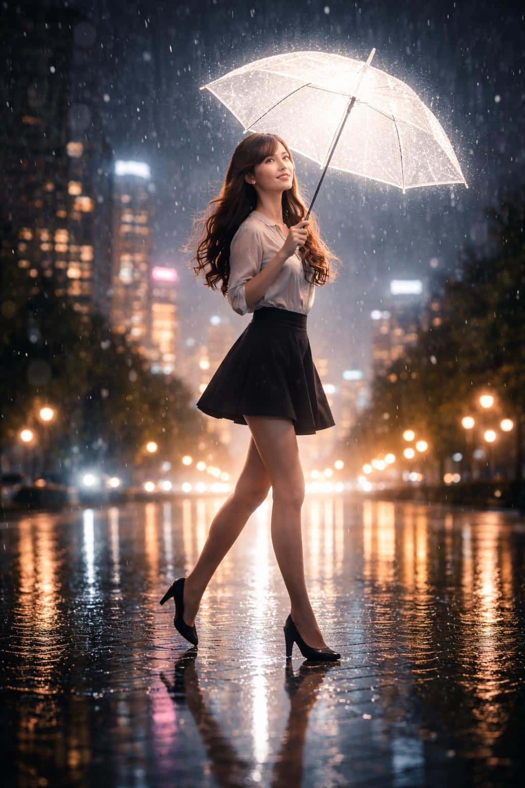 Single girl holding a backlit transparent umbrella in rain at night, portrait-photography style with reflective wet pavement and distant city lights for a poster-cover image.