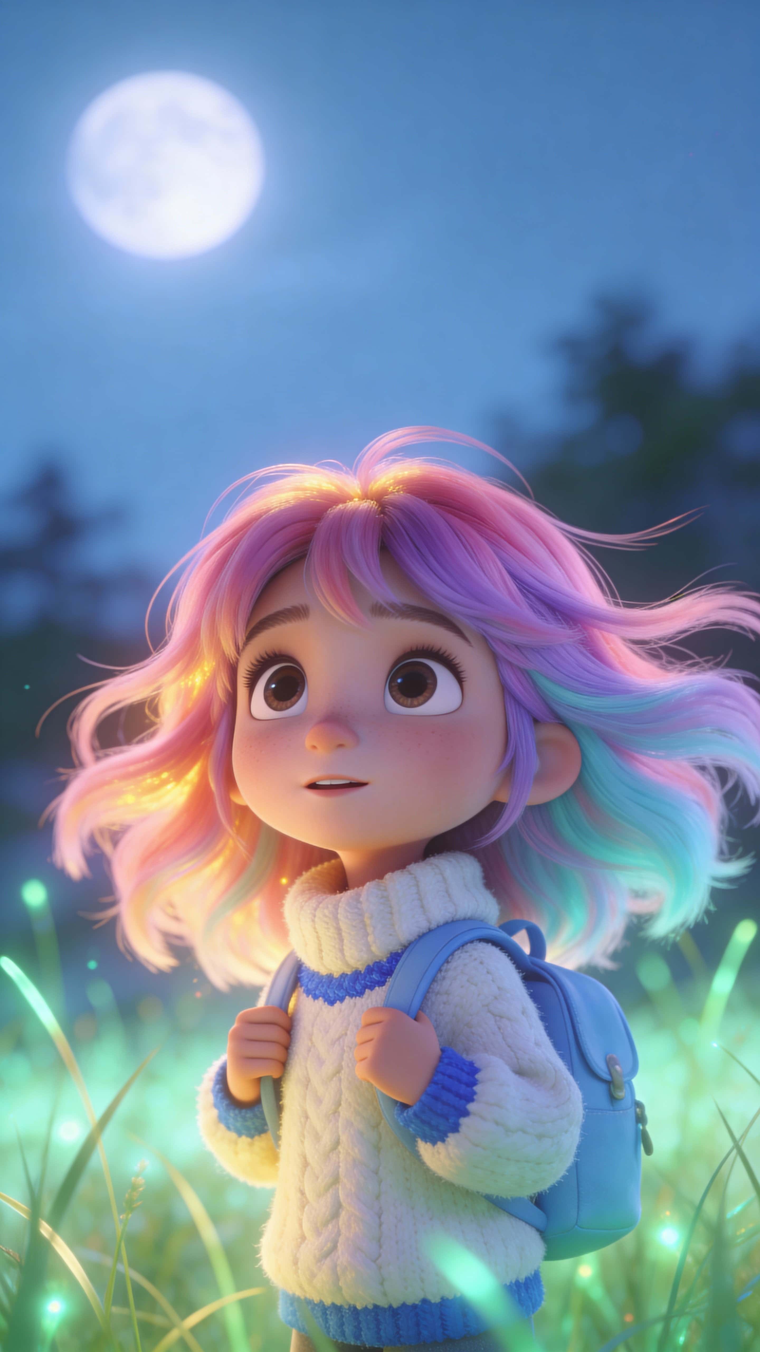 A stylized girl with flowing pastel hair in a winter sweater and backpack stands amid softly glowing grass under a moonlit sky, gentle wind ruffling hair, framed vertically 9:16.