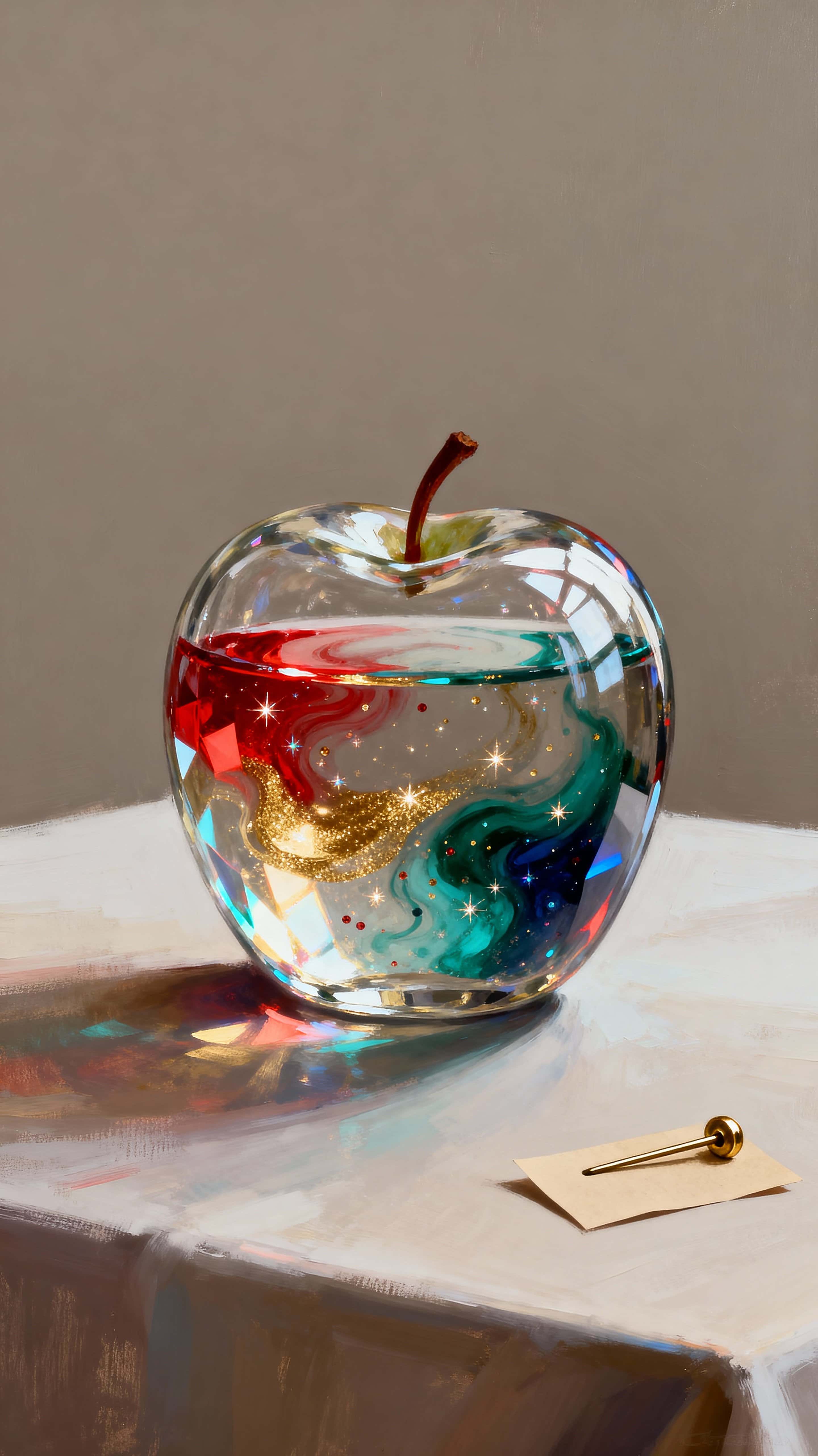 A crystal-clear glass apple holds a swirling, colored liquid and tiny floating sparkles that refract light into prismatic ribbons, captured in a tall vertical crop for intimate viewing.