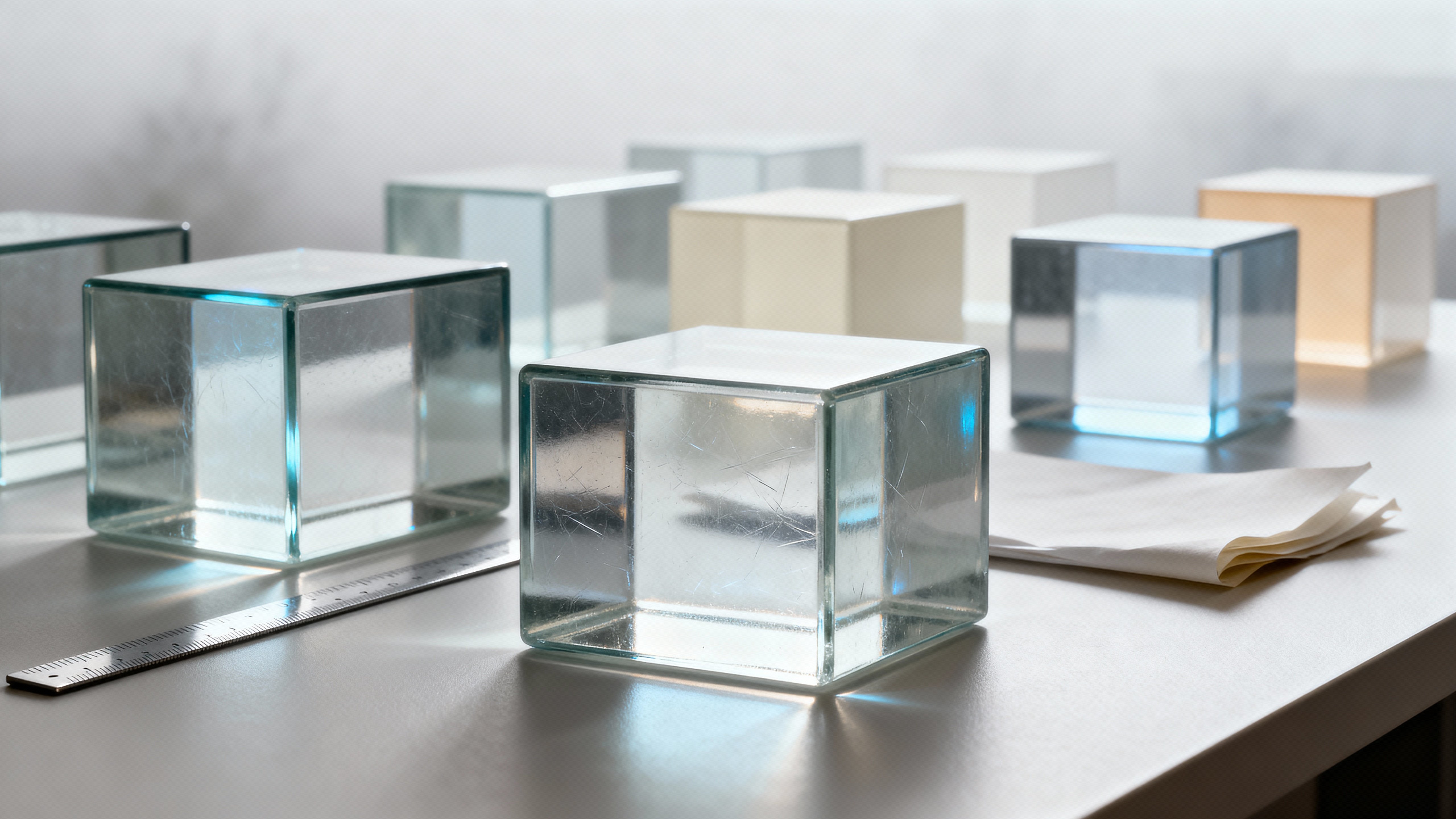 A minimal arrangement of glass blocks staged as a calm still life within a 16:9 frame, emphasizing clean planes, subtle color refractions, and a serene neutral atmosphere for editorial or product use.