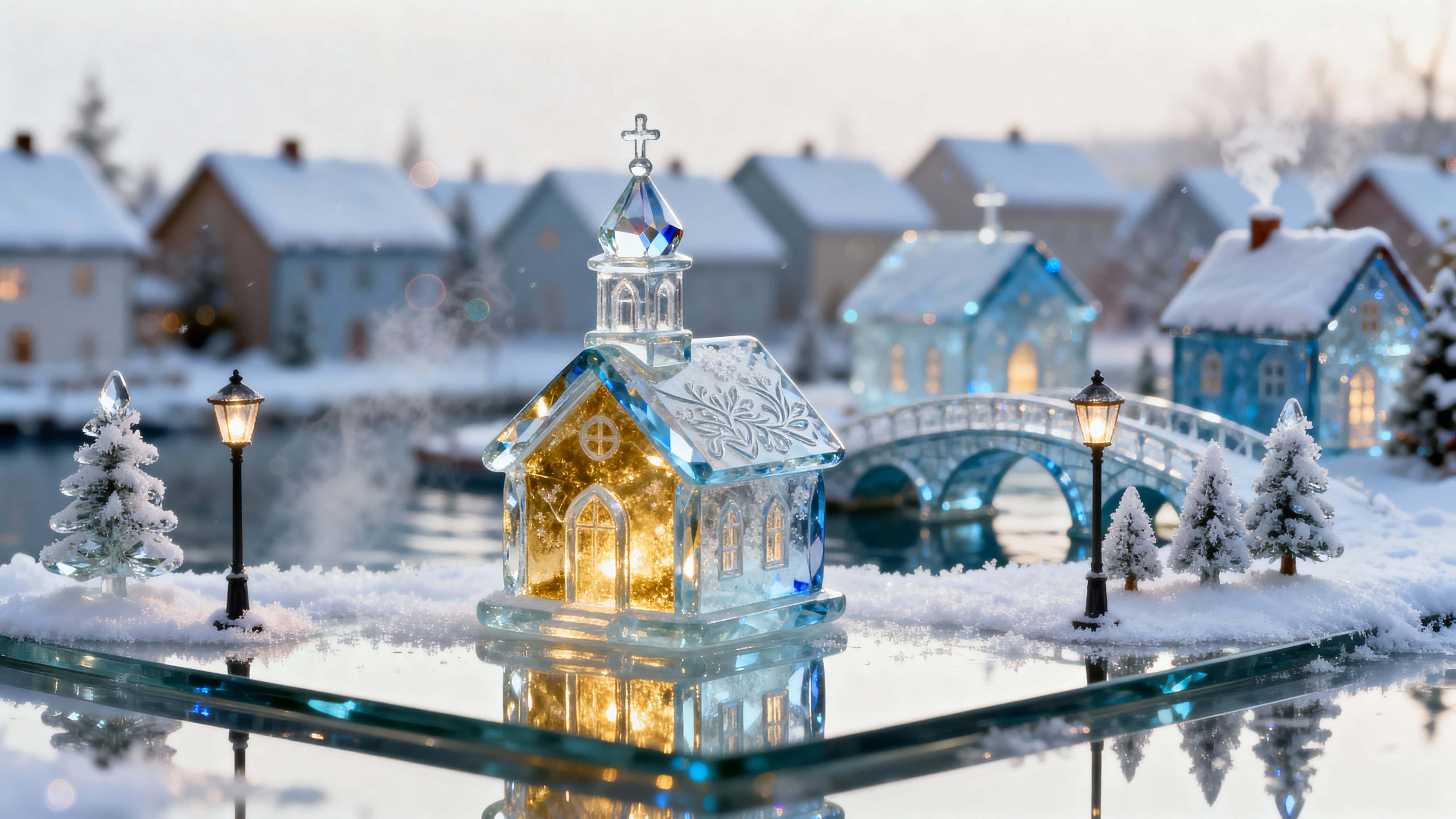 A photorealistic glass Christmas village rendered in a cinematic 16:9 frame, bathed in cool icicle blues and warm golden light to evoke wonder and holiday charm.
