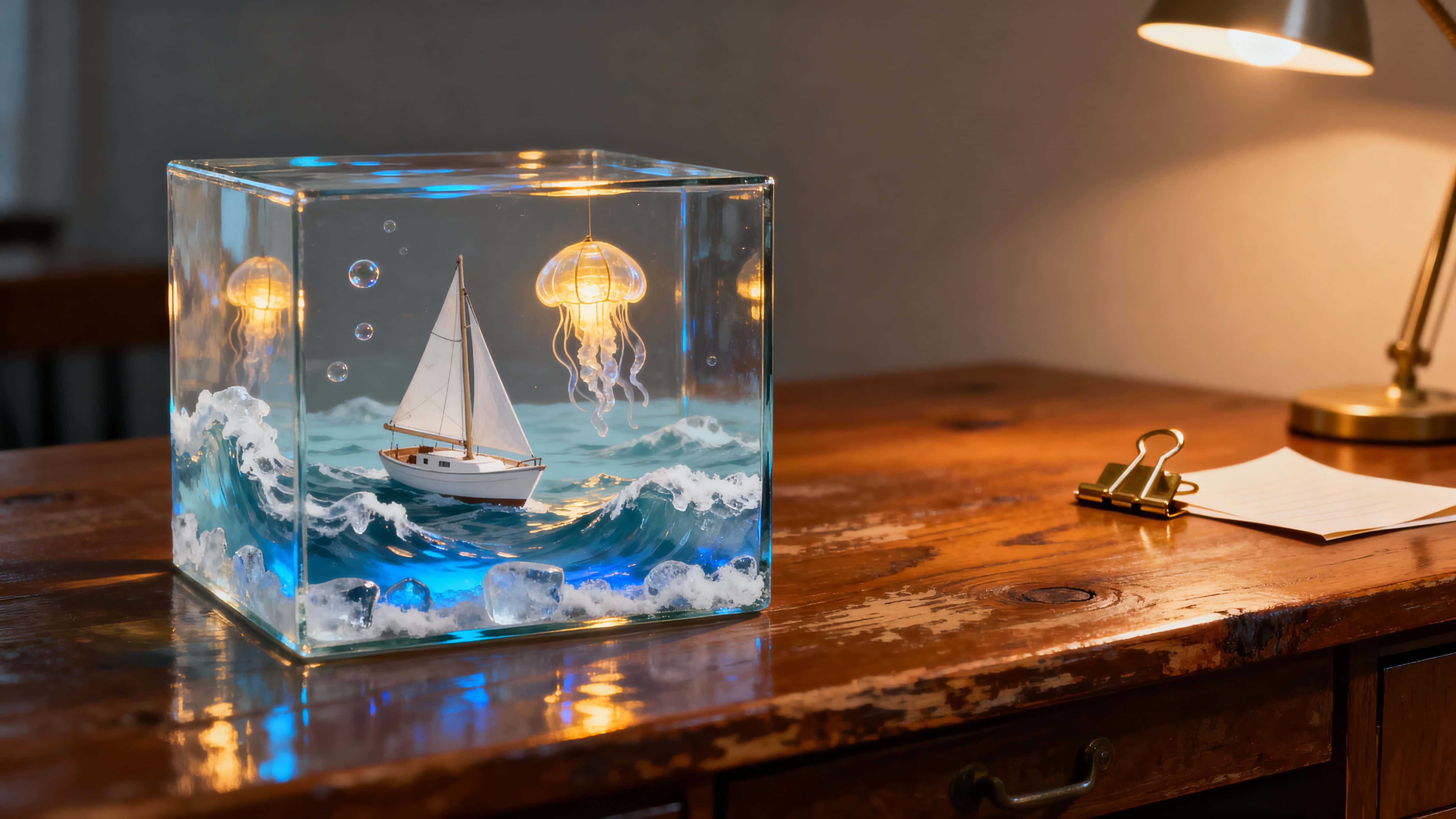 A clear glass block sits on a wooden desk holding a miniature ocean with a tiny sailboat, glowing jellyfish rising and frozen waves, all warmed by a soft lamp reflection.