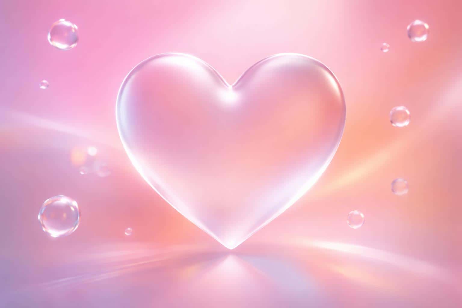 Cinematic glassmorphism 3:2 landscape of a frosted semi-transparent heart centered over a pastel pink-to-orange gradient, with floating clear bubbles and a thin white rim-light.