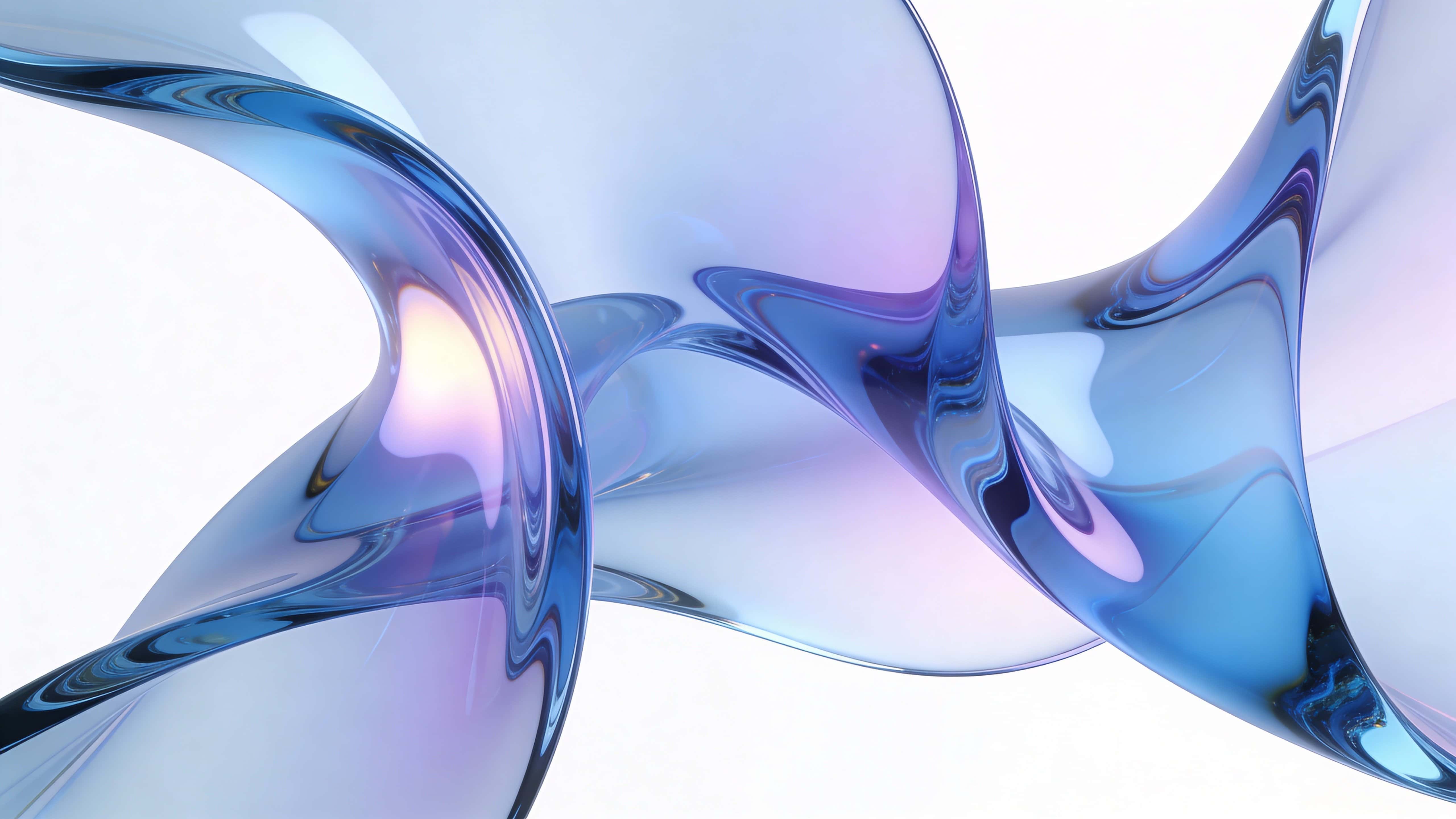 An ultra-clean 3D render of a glass-like abstract sculpture with flowing translucent curves, smooth liquid crystal surface, soft blue and lavender gradients and a subtle inner glow against an airy white background.
