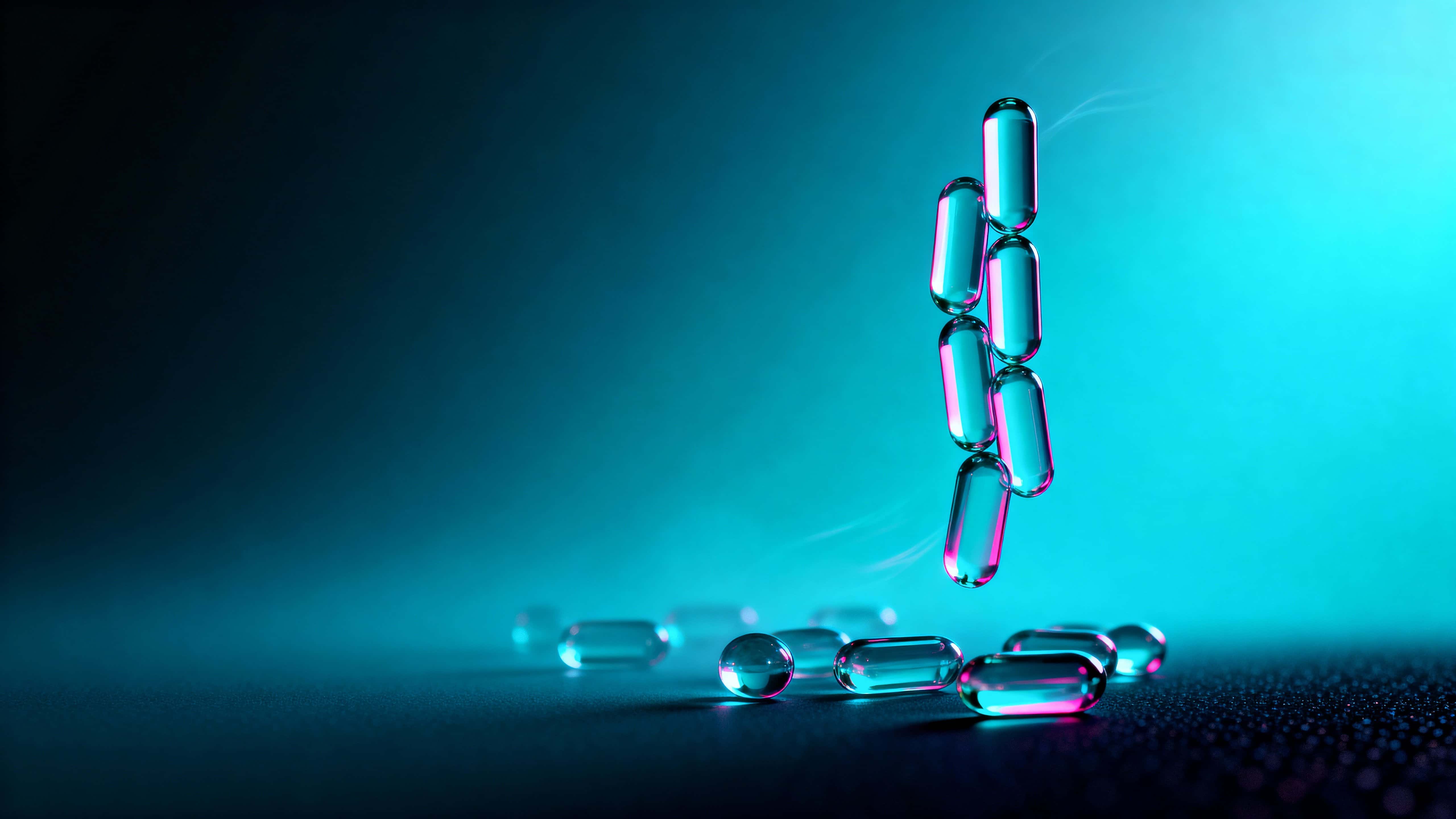 Cluster of elongated liquid-glass orbs arcs center-right over a deep teal-to-cyan gradient left, with teal and magenta refractions, crisp foreground and soft receding forms.