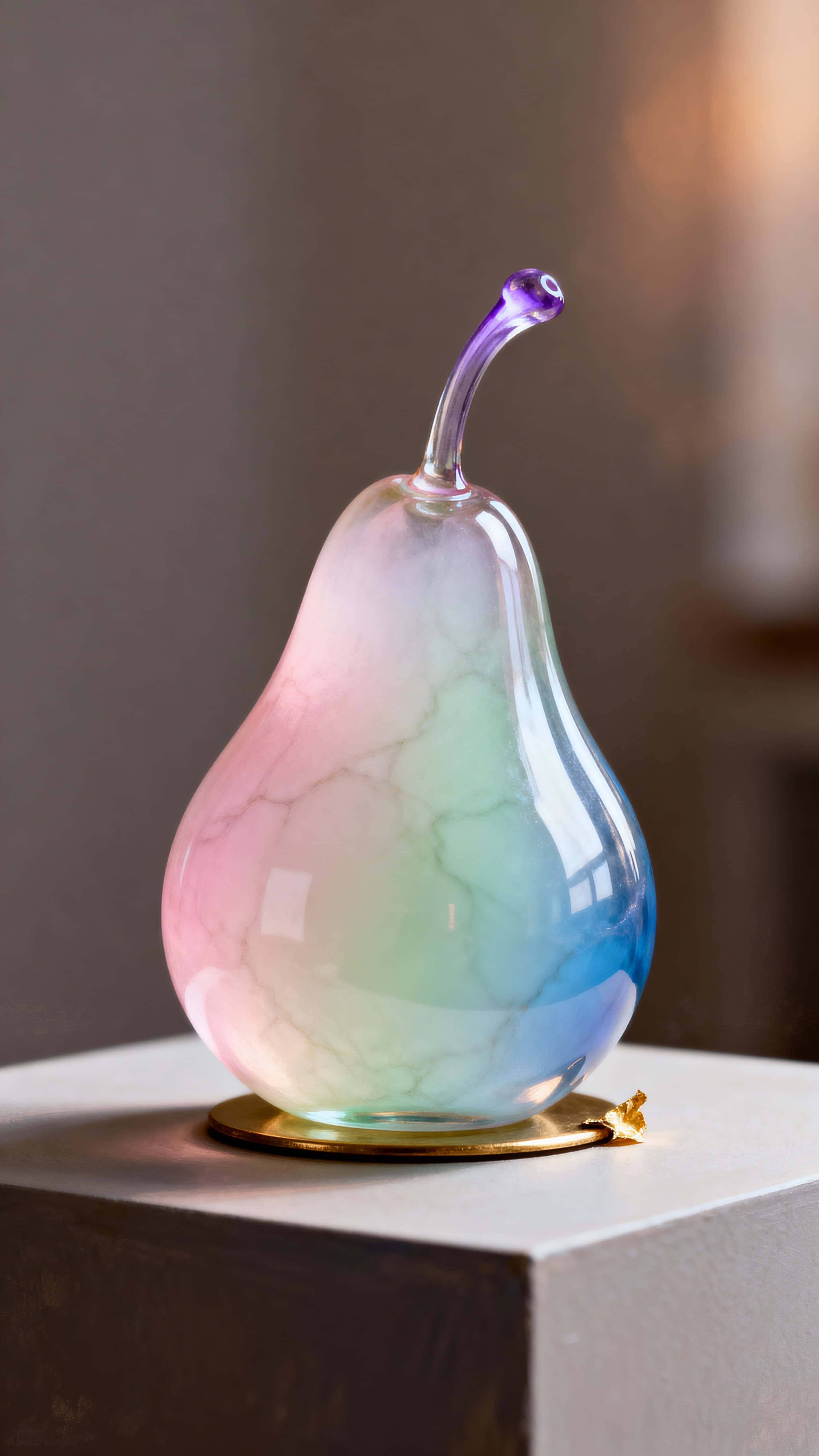 A pear sculpted from pearly, color-shifting glass with a delicate blown-glass stem, shown vertical in a 9:16 crop that emphasizes elegant form and surface shimmer.