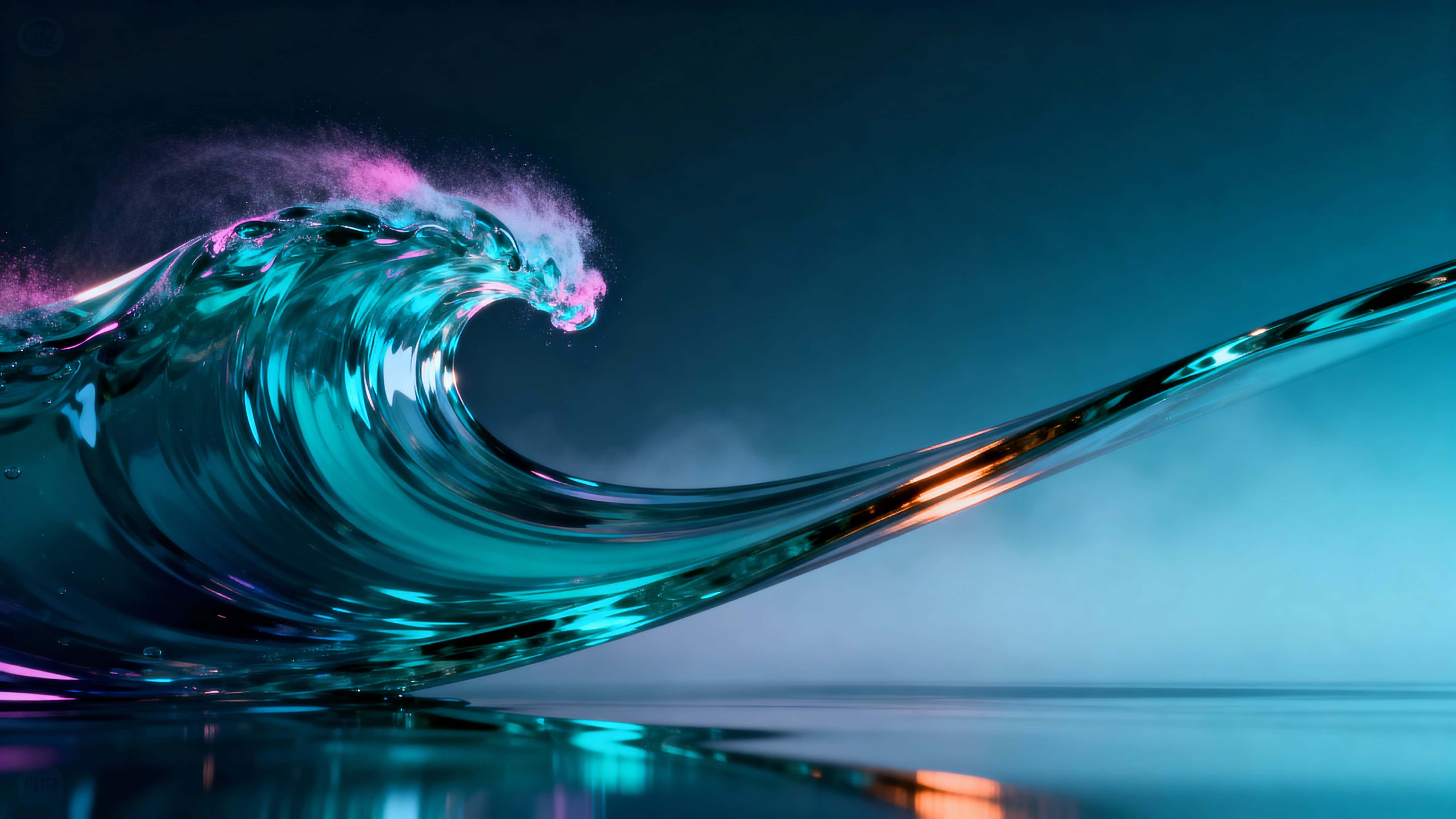 A 16:9 scene showing a heavy, viscous liquid-glass ribbon sweeping diagonally over a deep teal-to-cyan gradient, with concentrated cyan and soft magenta crest highlights and calm negative space.