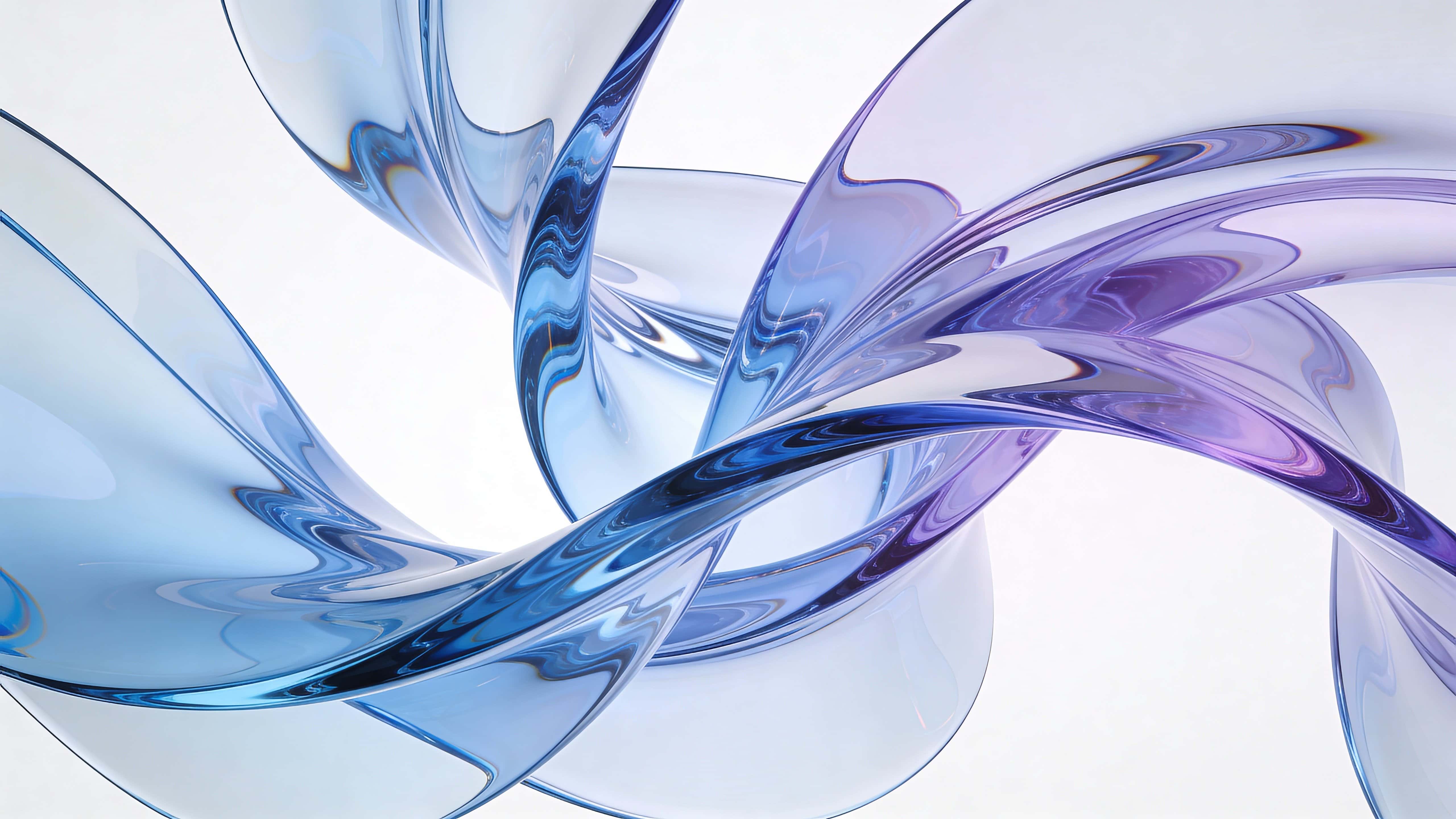 A fluid abstract glass ribbon sculpture with flowing curves and translucent surfaces in soft blue-violet gradients and gentle refraction, centered within a 16:9 studio frame with a white background.