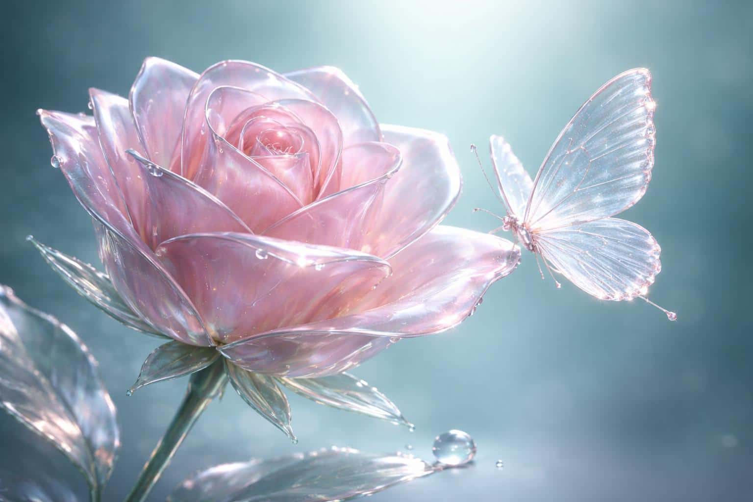 A faithful 3D-render study of a translucent, glass-like rose with a crystalline butterfly in soft teal-pink lighting, composed as a 3:2 wallpaper-ready image with delicate highlights.