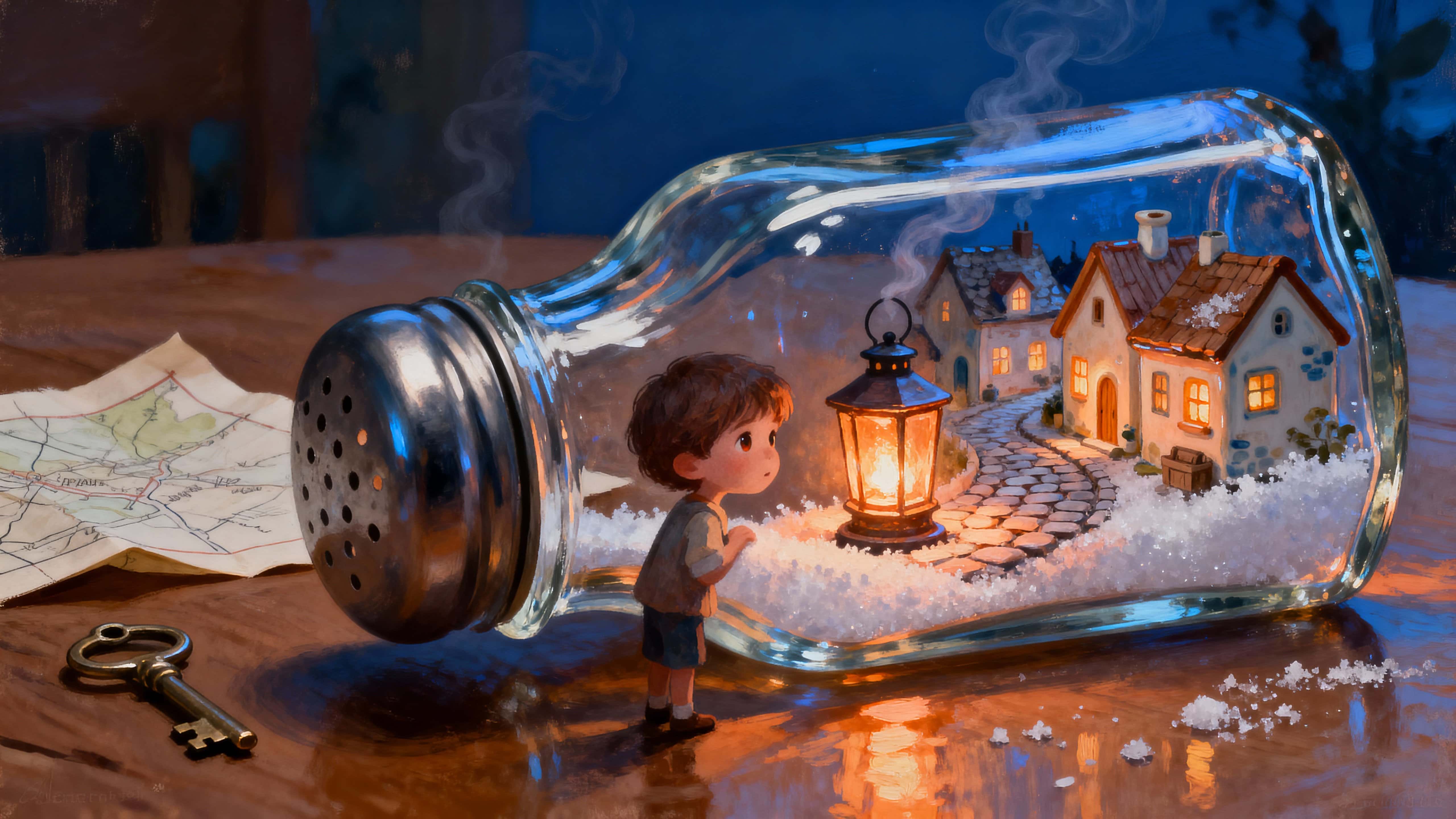 A glass salt shaker tipped on its side reveals a lantern-lit miniature village inside, while a curious child peeks through the opening as if discovering a secret world tucked within the crystal vessel.