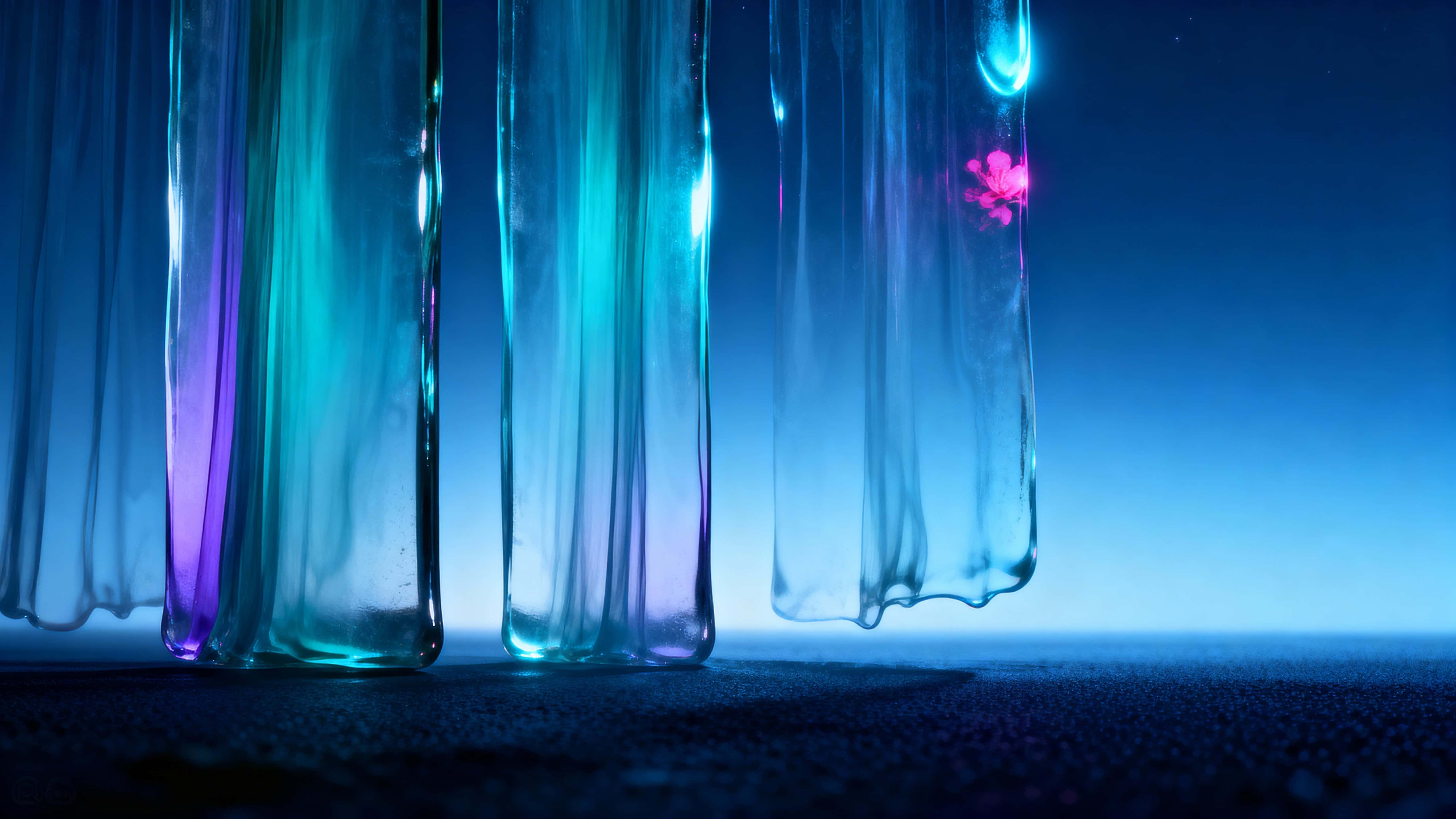 Tall 16:9 vertical background of overlapping translucent glass sheets over a deep blue-to-cyan gradient with soft teal–lilac refractions and a calm right band.