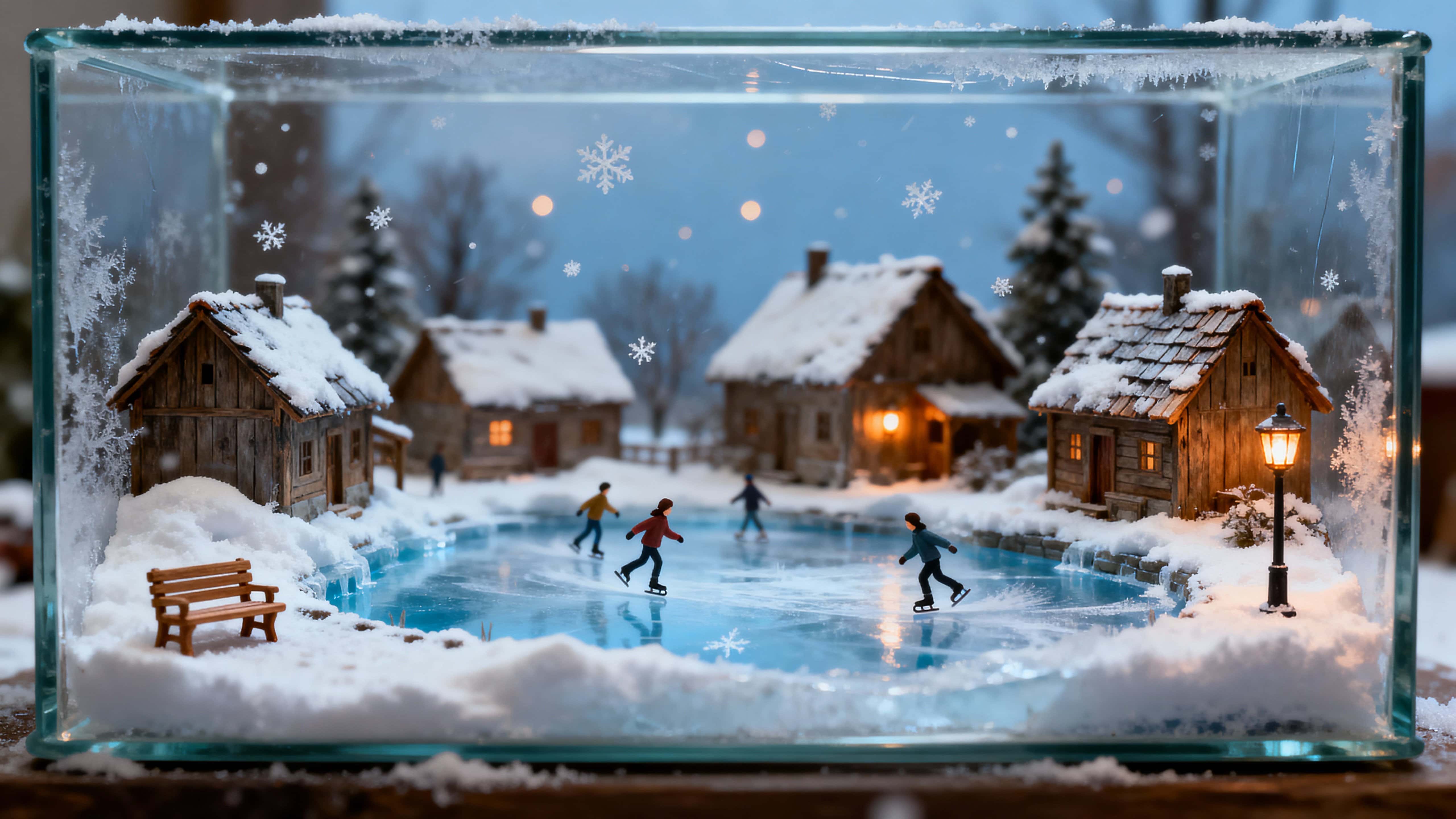 A clear glass box holds a miniature snow-covered village where tiny people skate on a lantern-lit frozen pond and delicate flakes hover in suspended motion, captured as a serene winter diorama.