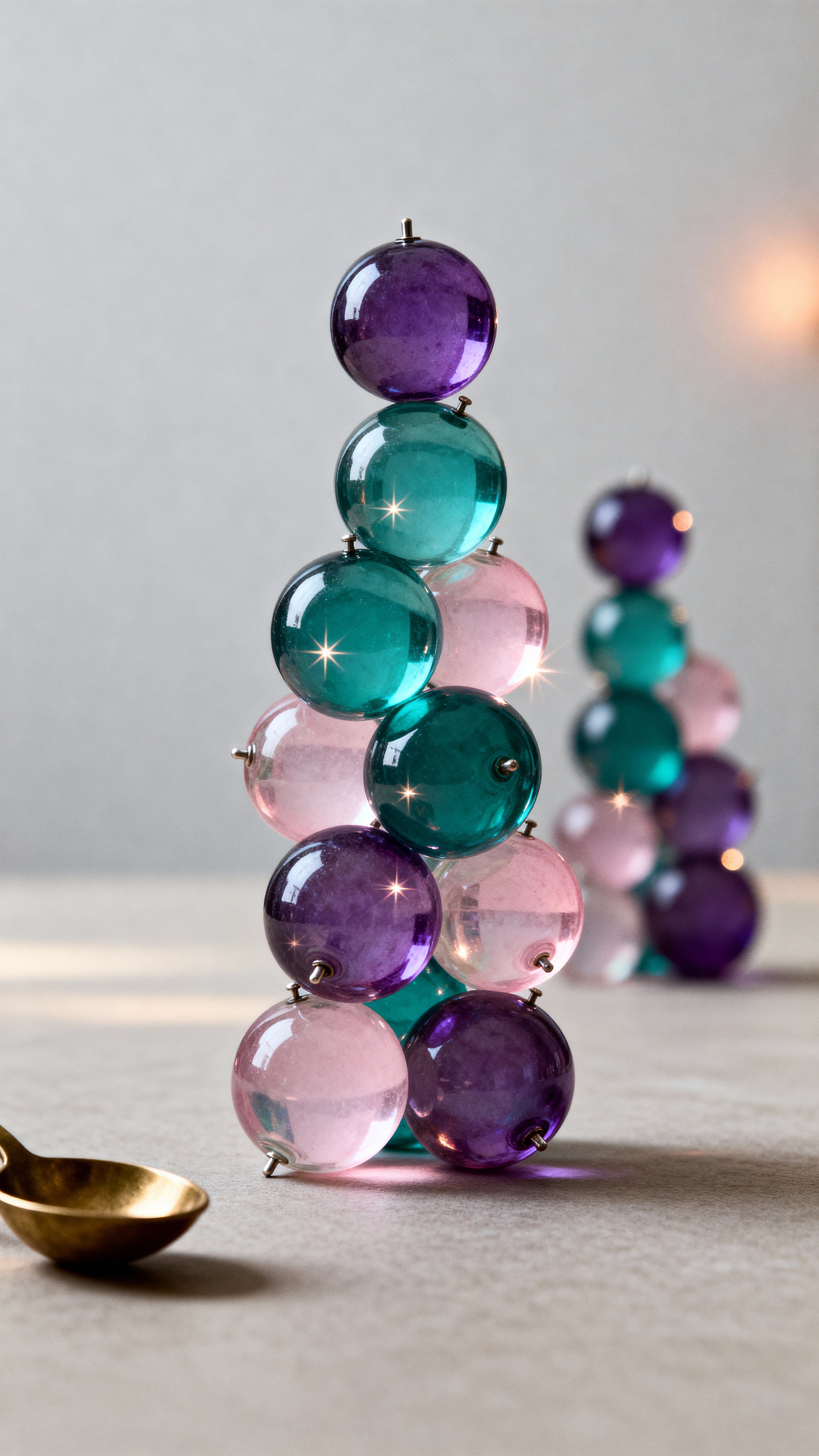 A tight cluster of grape-sized glass spheres with amethyst, teal and soft pink tints catches and scatters warm sparkling light, set in a tall portrait crop to emphasize vertical rhythm and shimmer.